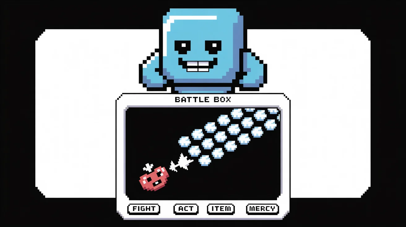 A pixel art mockup of a battle scene inspired by the game Undertale. A friendly blue slime monster named 'Blobby' is at the top. Below, a red heart dodges projectiles inside a box. At the bottom are the words 'FIGHT', 'ACT', 'ITEM', and 'MERCY'. The entire retro game scene is on a white background.