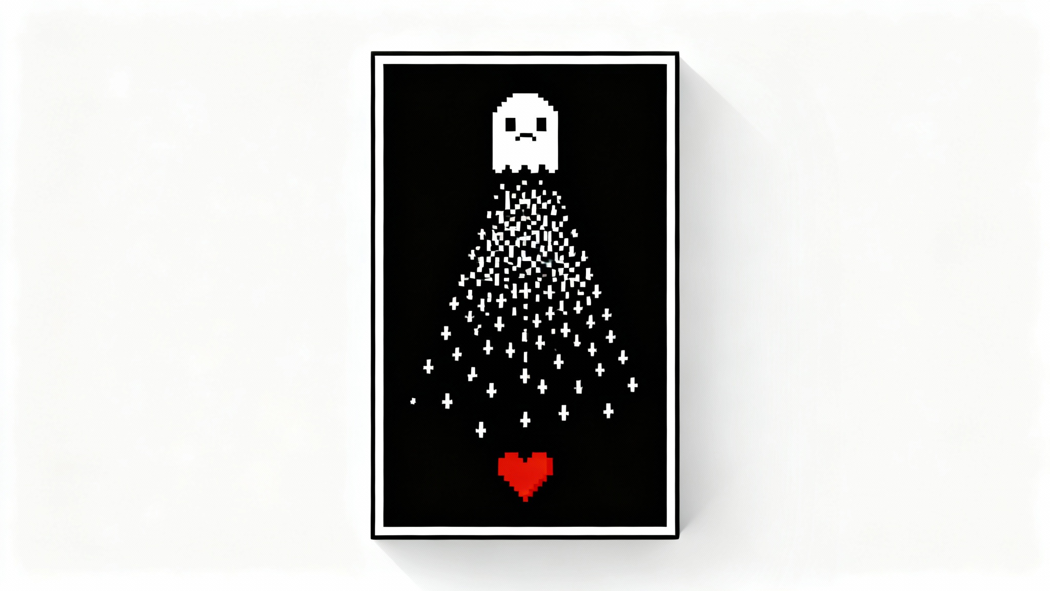 A pixel art mockup of a battle from the game Undertale, showing a red heart soul dodging white projectiles from a monster inside a black box, all set against a white background.