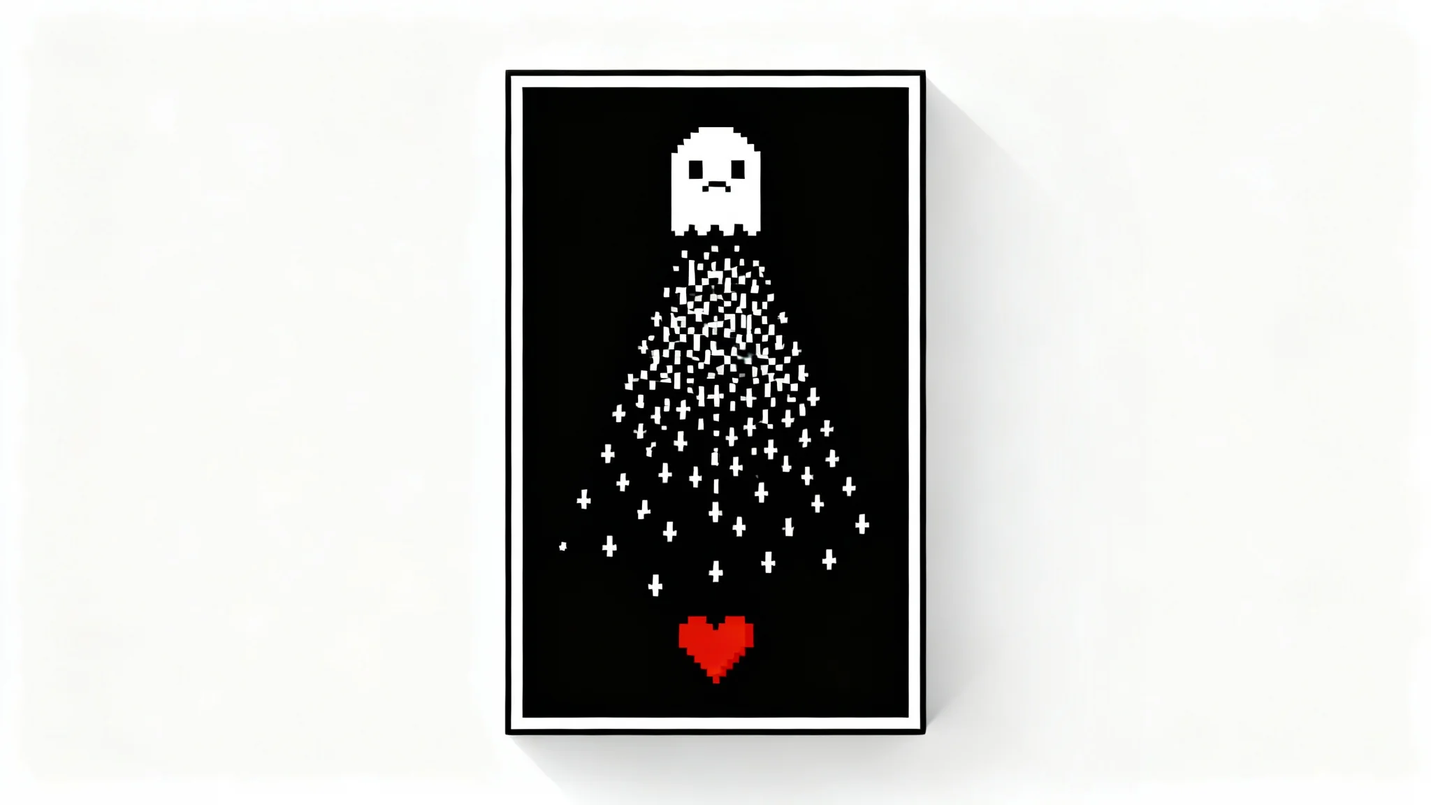 A pixel art mockup of a battle from the game Undertale, showing a red heart soul dodging white projectiles from a monster inside a black box, all set against a white background.