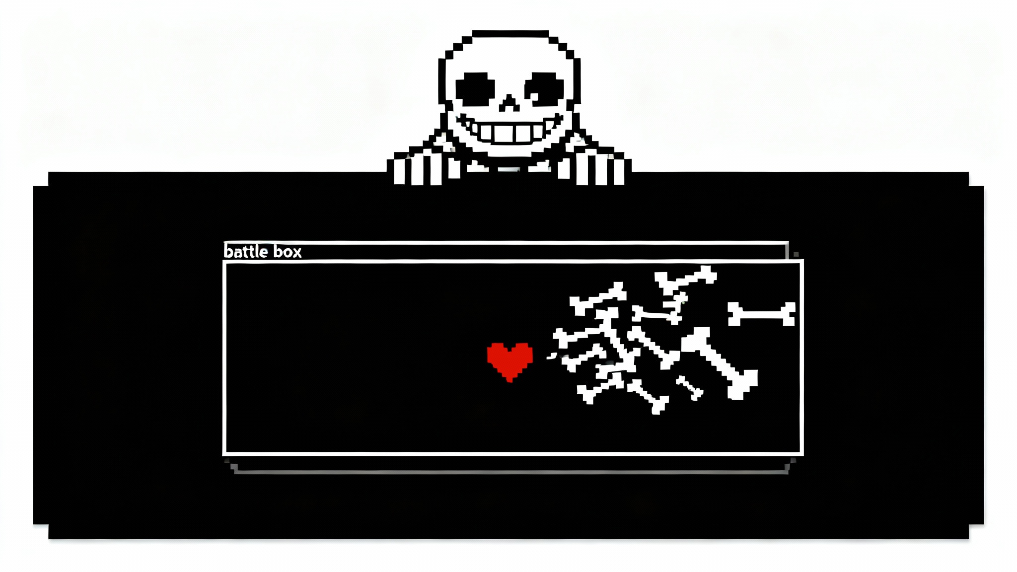 A pixel art mockup of an Undertale-style battle scene. A black and white skeleton monster is at the top, and a red heart dodges white bone attacks inside a box below, all set against a white background.