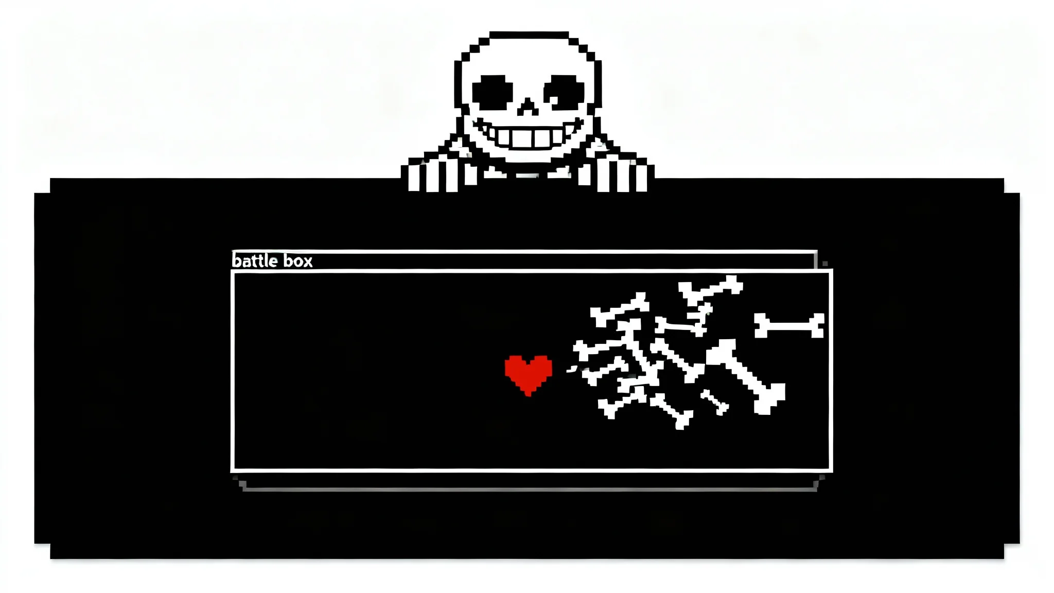 A pixel art mockup of an Undertale-style battle scene. A black and white skeleton monster is at the top, and a red heart dodges white bone attacks inside a box below, all set against a white background.