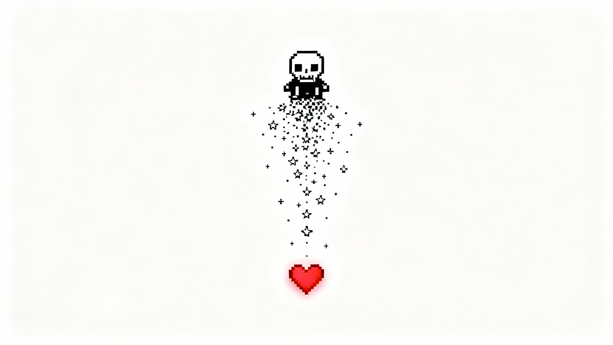 A pixel art recreation of an Undertale-style battle, showing a simple black and white monster firing white pixel projectiles at a small, glowing red heart against a black background.