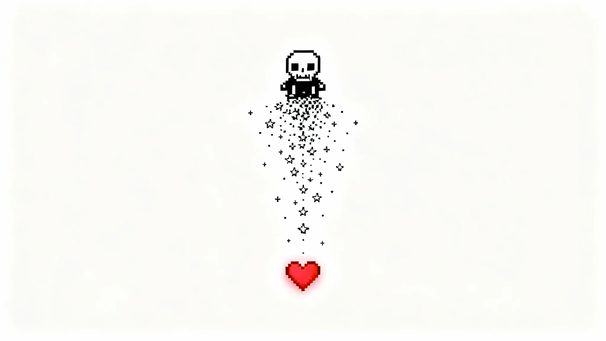 A pixel art recreation of an Undertale-style battle, showing a simple black and white monster firing white pixel projectiles at a small, glowing red heart against a black background.