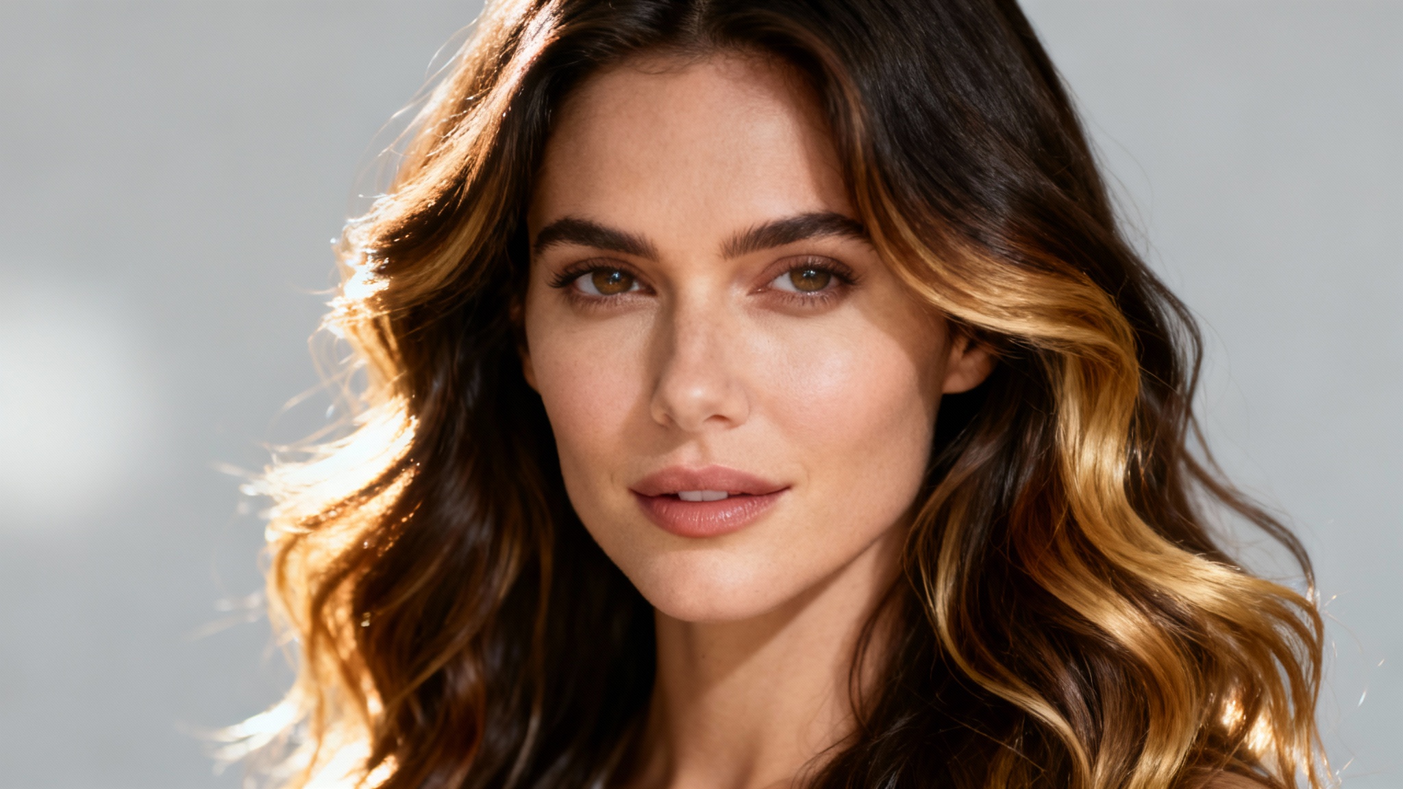 A woman with long, dark brown wavy hair smiles, showcasing professionally done caramel and blonde highlights that shine in the light.