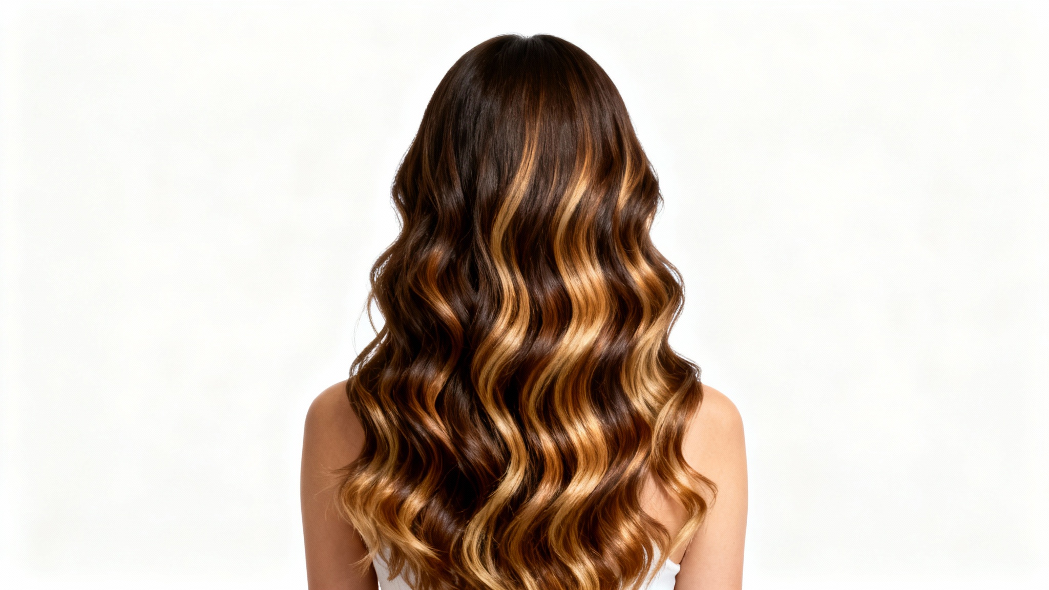 A close-up photograph from behind of a woman's long, wavy dark hair with subtle, professionally done caramel and blonde highlights, set against a plain white background.