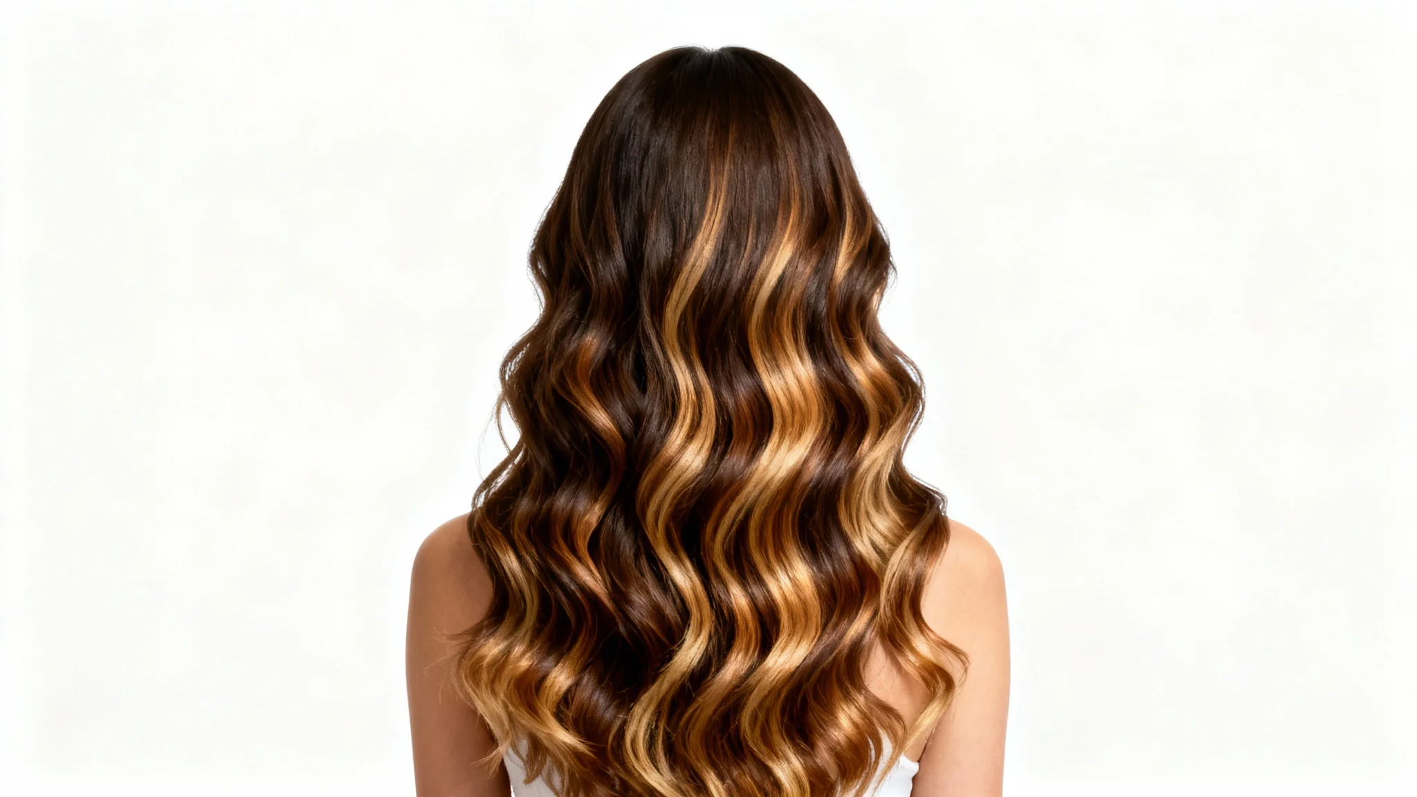 A close-up photograph from behind of a woman's long, wavy dark hair with subtle, professionally done caramel and blonde highlights, set against a plain white background.