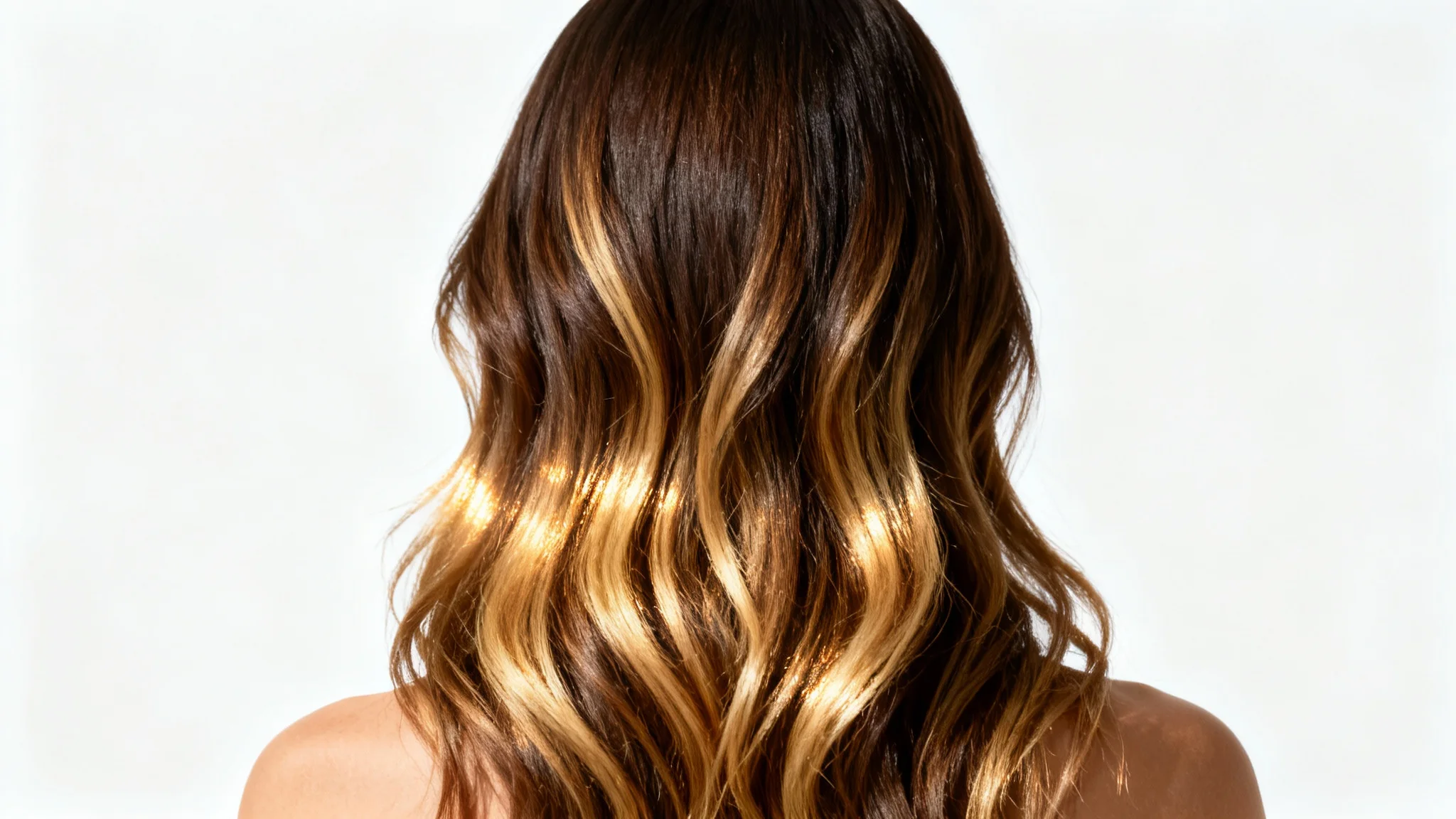 A close-up view from behind of a woman's long, dark brown wavy hair featuring subtle, professionally-done blonde highlights that add shine and dimension, against a plain white background.