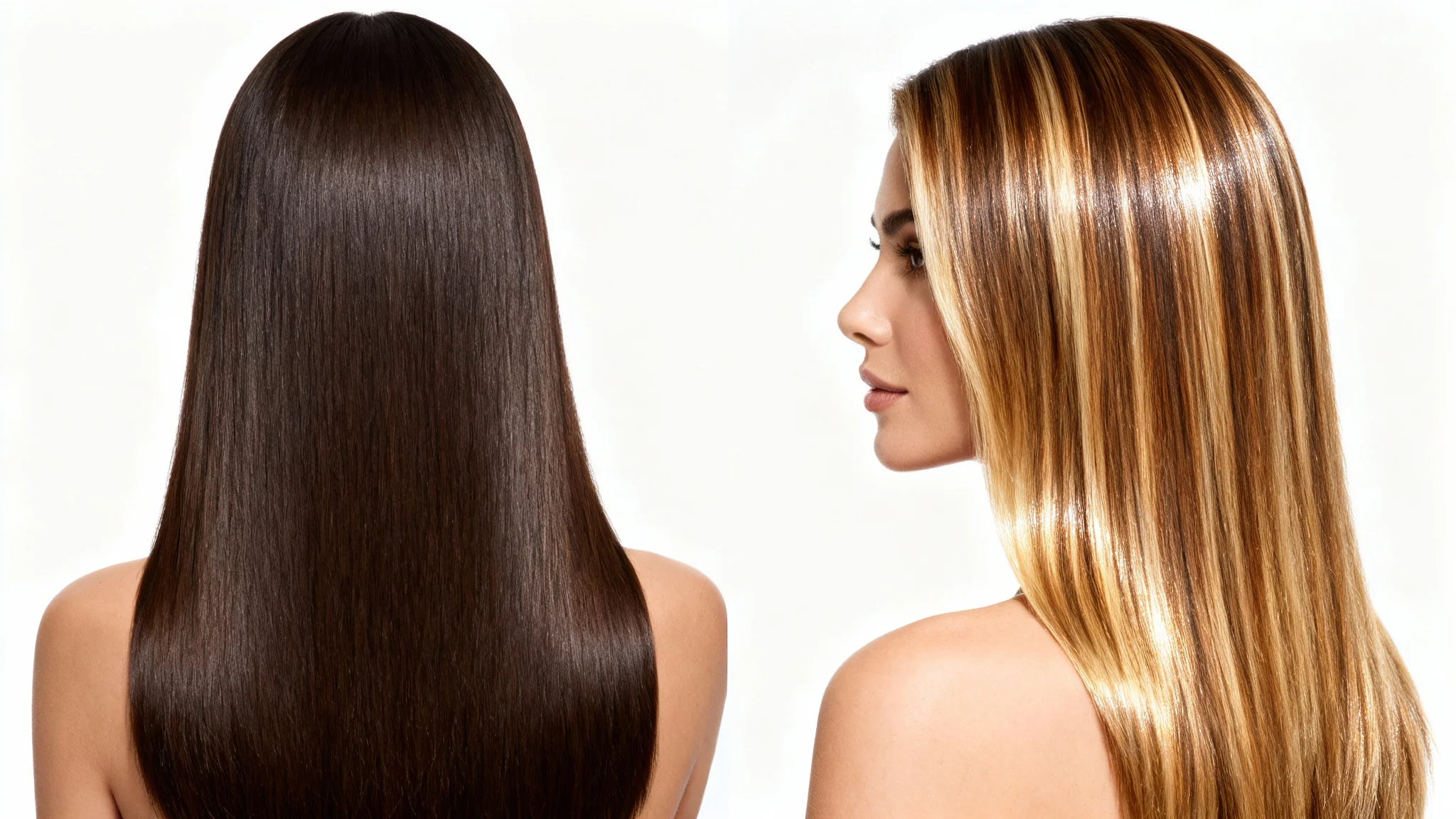 A before-and-after comparison of a woman's hair. The left side shows solid dark brunette hair, and the right side shows the same hair with beautiful, subtle golden highlights.