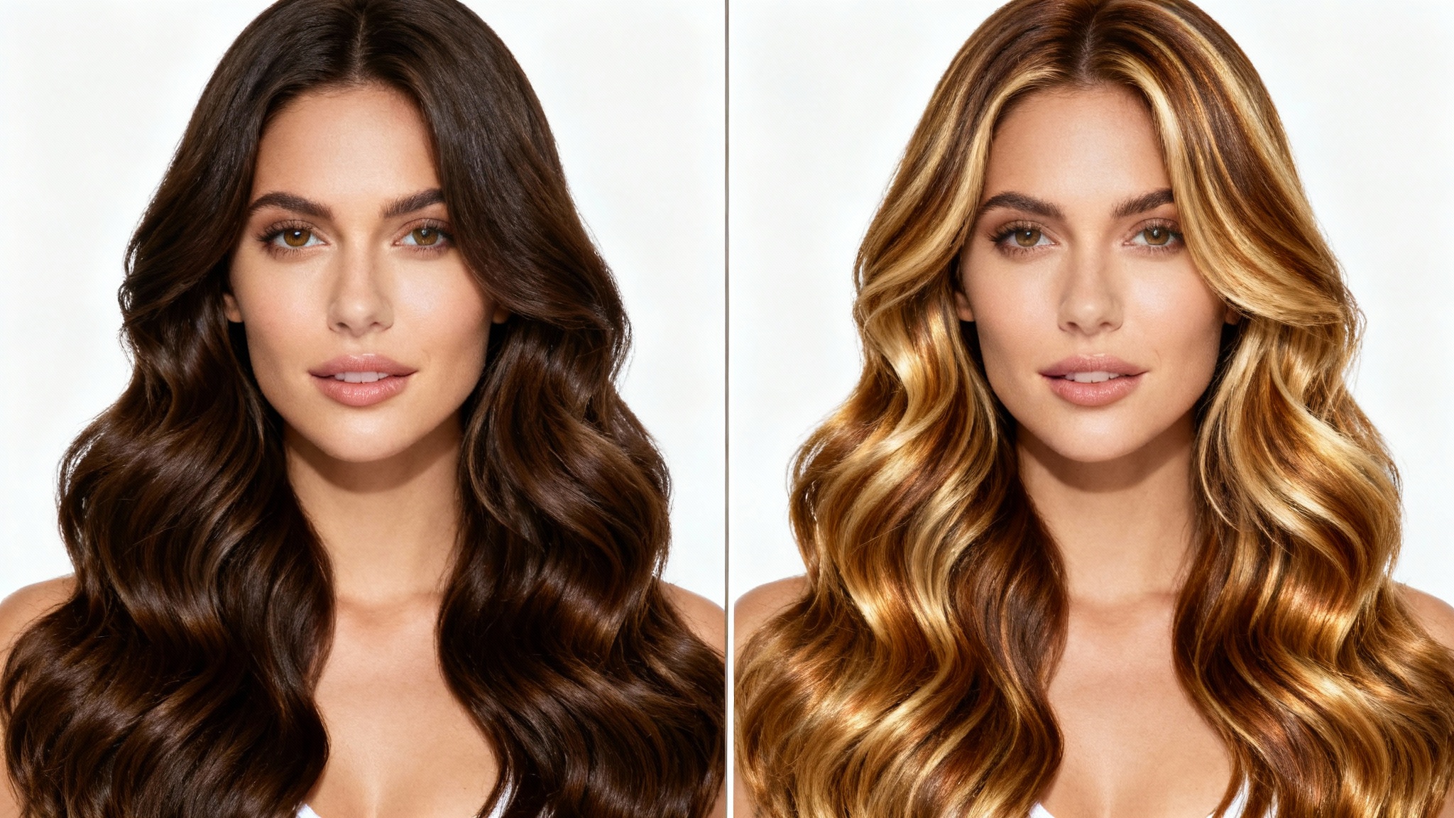 A before-and-after split-screen image of a woman's hair. The left panel shows her with solid brunette hair, and the right panel shows her with added caramel and blonde highlights.