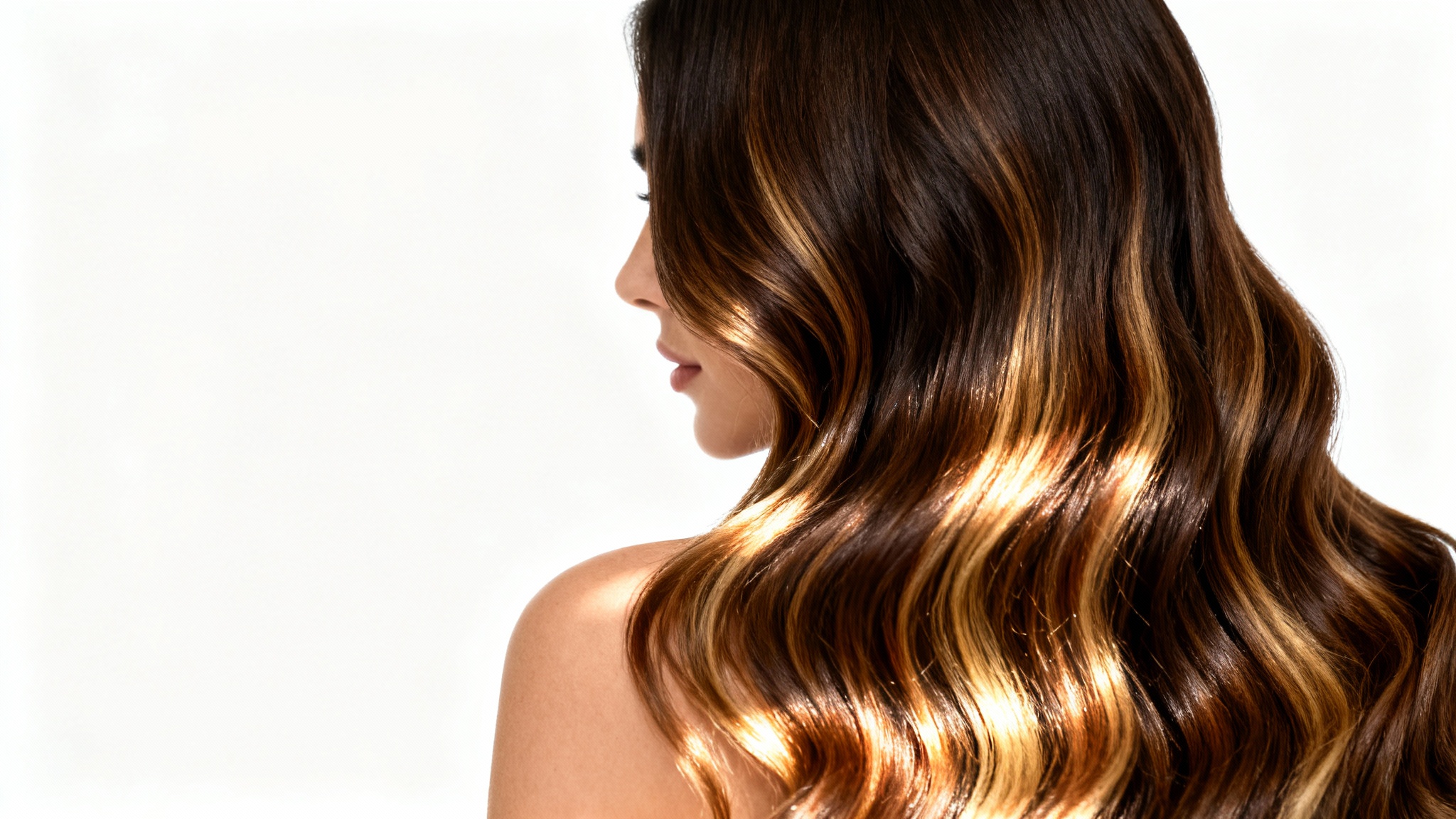 A close-up studio shot of a woman's long, wavy brunette hair featuring subtle, professionally done golden highlights, set against a plain white background.
