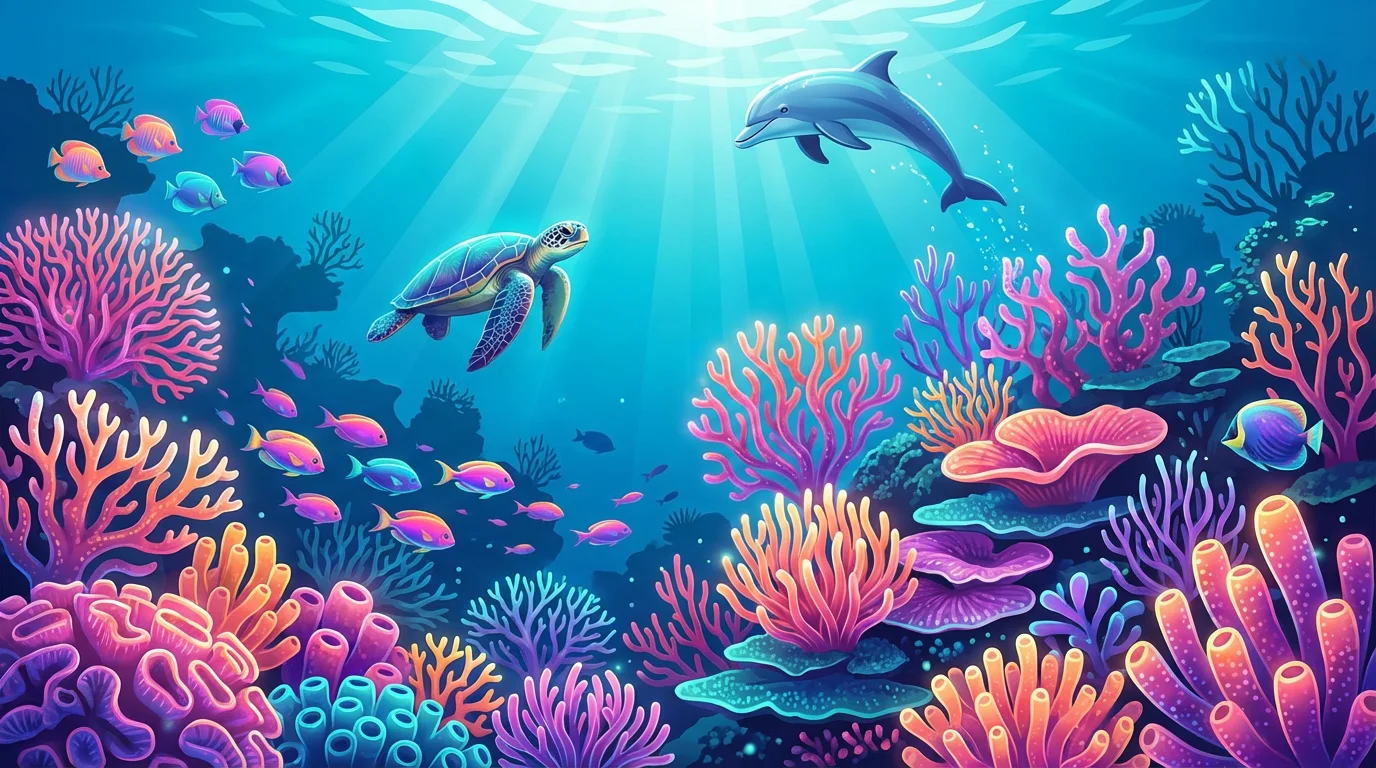A vibrant and detailed hero illustration of a coral reef, showing colorful corals, schools of fish, a sea turtle, and a dolphin leaping out of the water, representing a final design output.