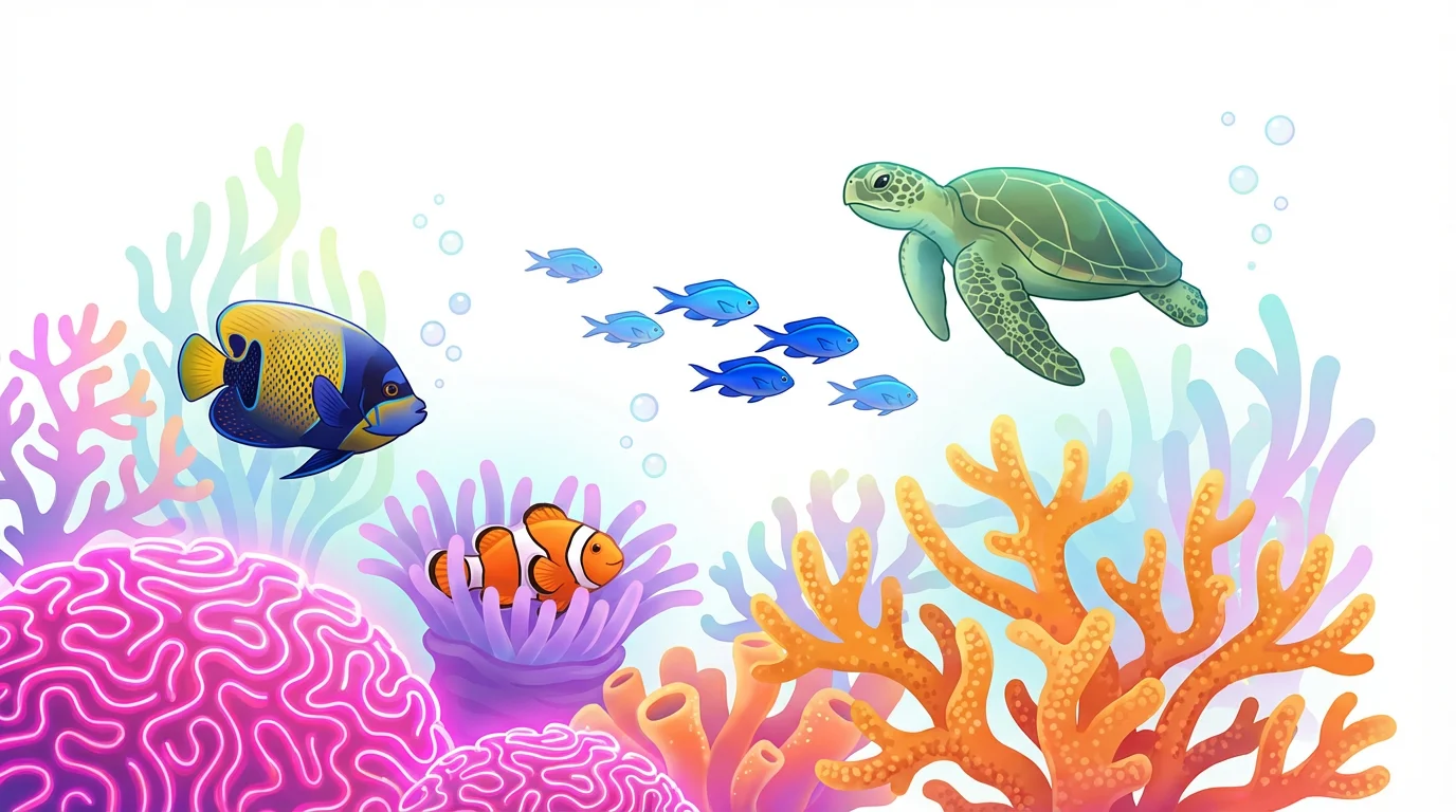A vibrant digital illustration of a colorful coral reef featuring a sea turtle, clownfish, and angelfish swimming among intricate coral formations, isolated against a plain white background.