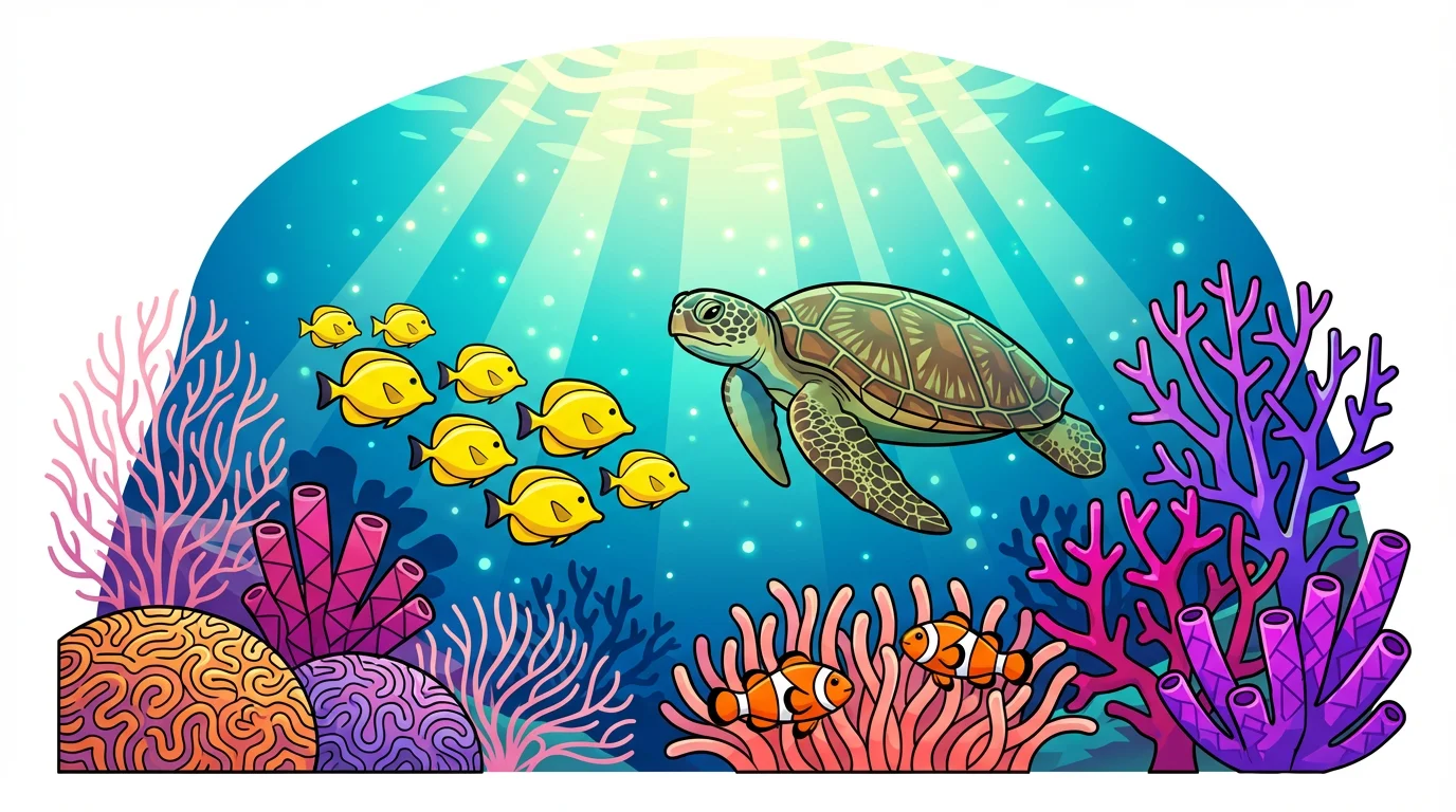 A vibrant digital illustration of a coral reef teeming with life, featuring colorful corals, a sea turtle, clownfish, and a school of yellow fish, all set against a clean white background.