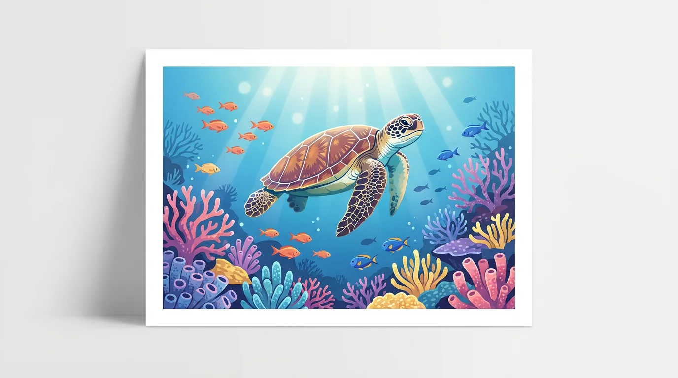 A colorful digital illustration of a coral reef with a sea turtle and tropical fish swimming amongst vibrant corals, all set against a clean white background.