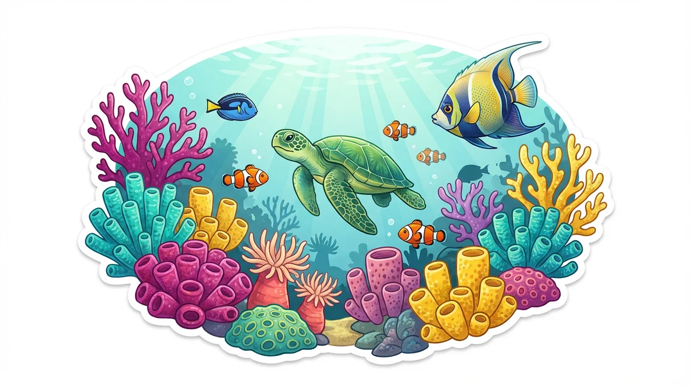 A colorful digital illustration of a vibrant coral reef on a white background, featuring a sea turtle, clownfish, angelfish, and various bright corals.