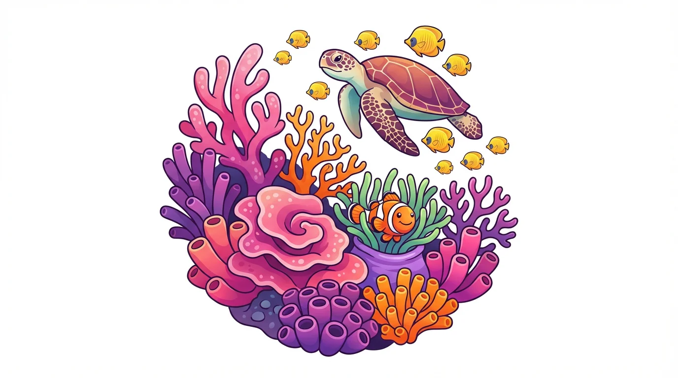 A vibrant digital illustration of a coral reef ecosystem, featuring colorful corals, a clownfish, and a sea turtle, presented on a clean white background.