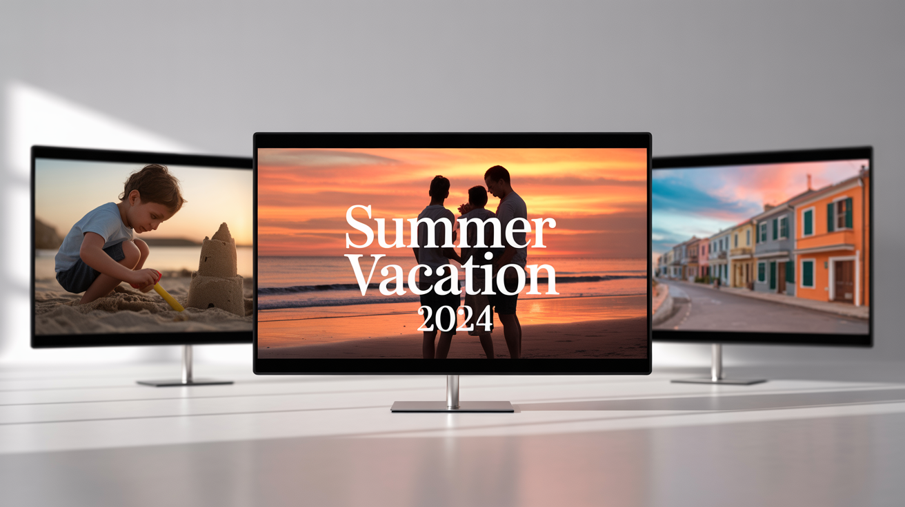 A polished slideshow presentation with a central slide showing a family on a beach, with text 'Summer Vacation 2024', flanked by two smaller slides from the same travel series.