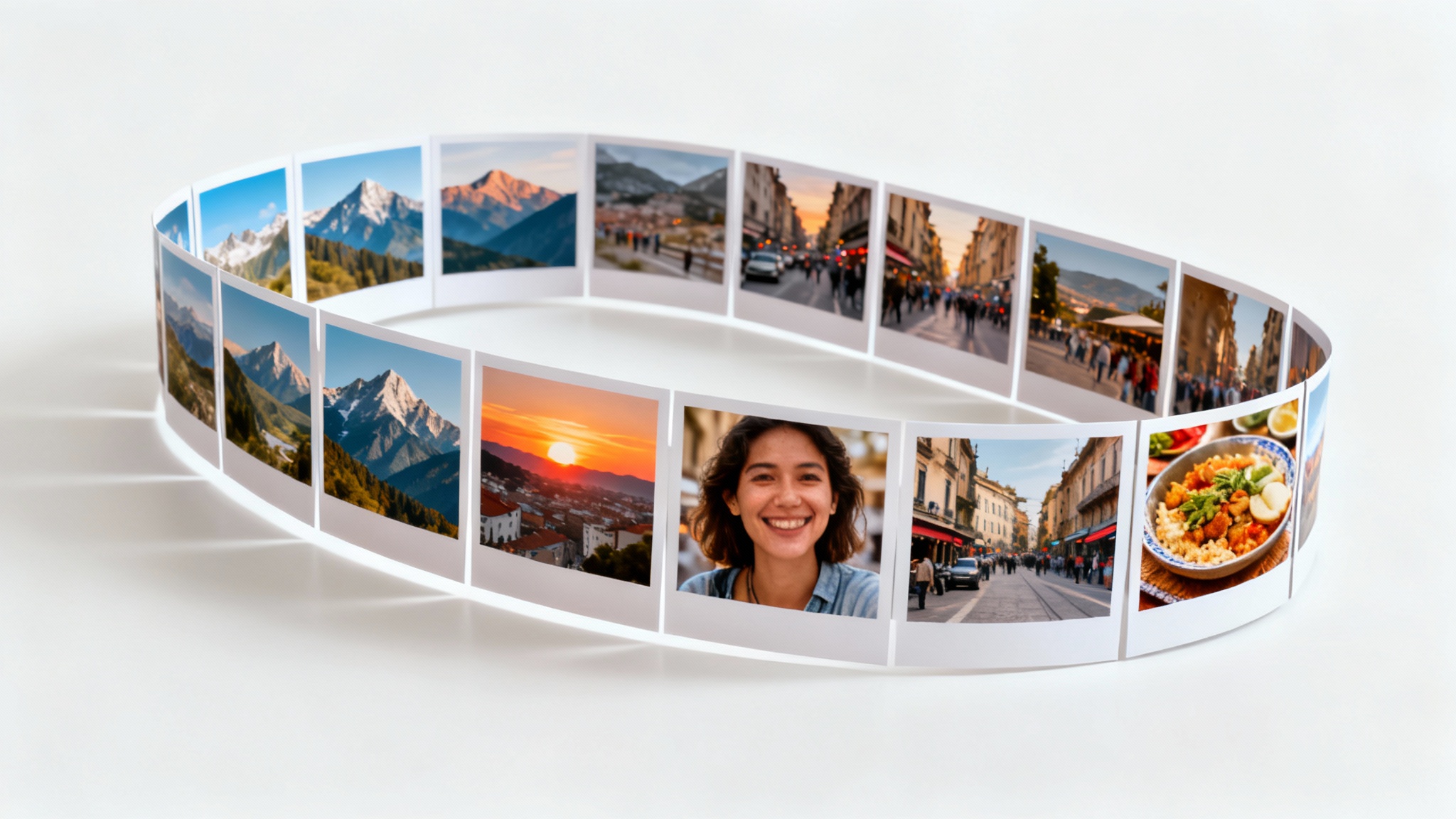A series of high-quality, glossy photographs depicting a travel journey, floating in a dynamic arc against a clean white background, symbolizing the creation of a slideshow.