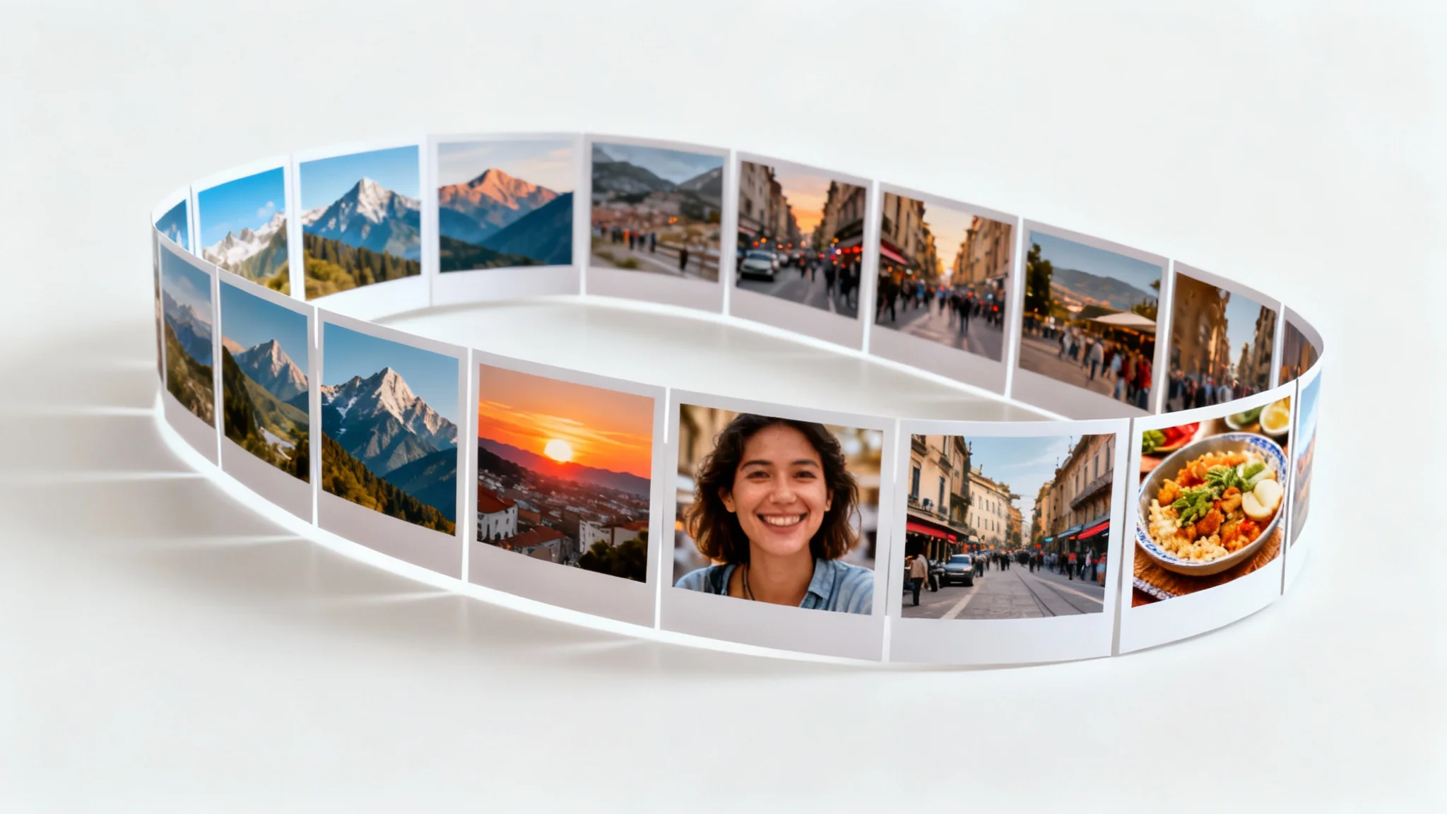 A series of high-quality, glossy photographs depicting a travel journey, floating in a dynamic arc against a clean white background, symbolizing the creation of a slideshow.