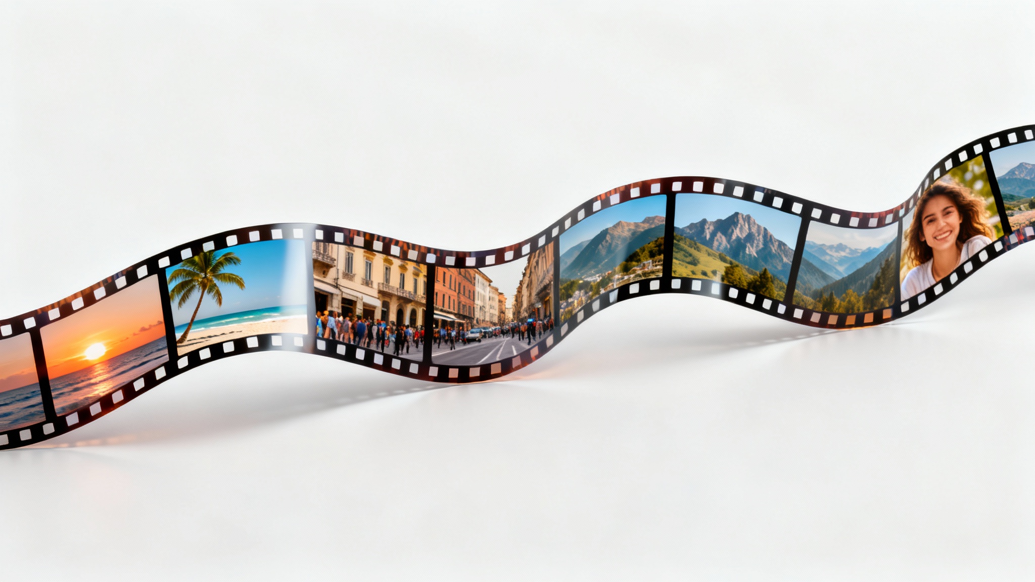 A realistic film strip uncurling on a white background, with each frame displaying a different beautiful travel photograph, symbolizing the creation of a photo slideshow.