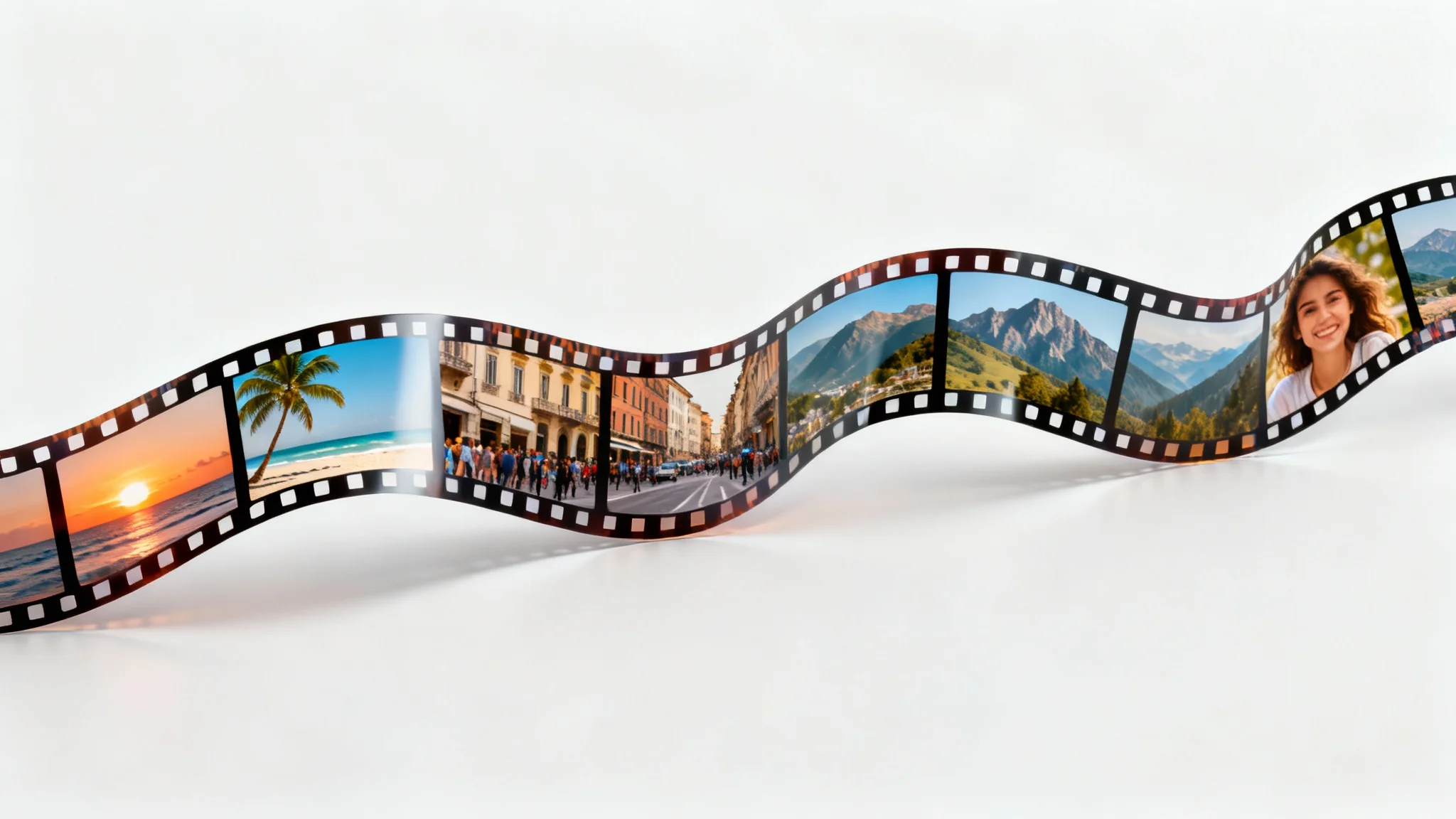 A realistic film strip uncurling on a white background, with each frame displaying a different beautiful travel photograph, symbolizing the creation of a photo slideshow.