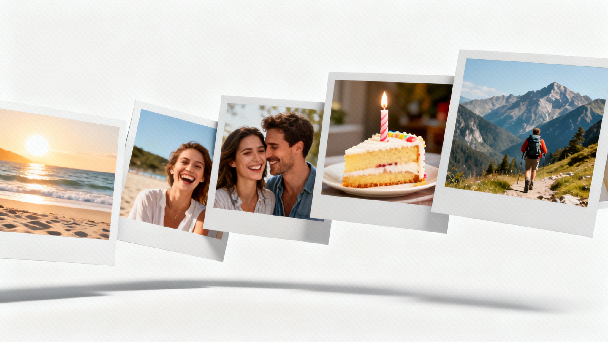 A series of overlapping, high-quality photographs depicting happy moments like a vacation and a birthday, arranged in an arc on a clean white background to represent a slideshow.