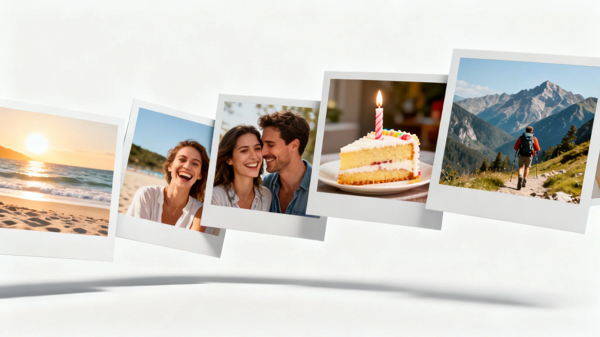 A series of overlapping, high-quality photographs depicting happy moments like a vacation and a birthday, arranged in an arc on a clean white background to represent a slideshow.