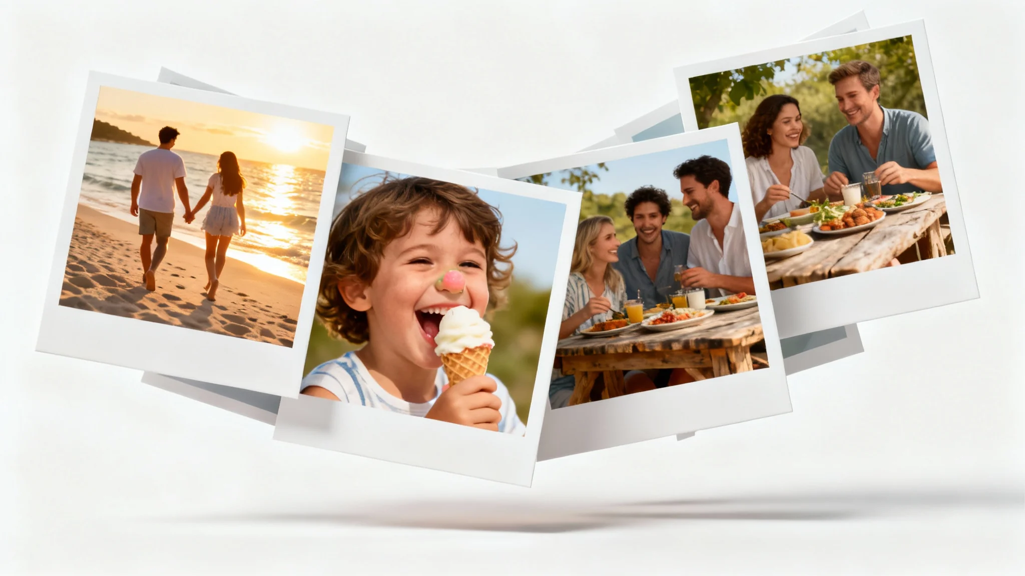 A collage of happy family vacation photos, including a beach sunset and a family dinner, arranged like a slideshow on a clean white background.