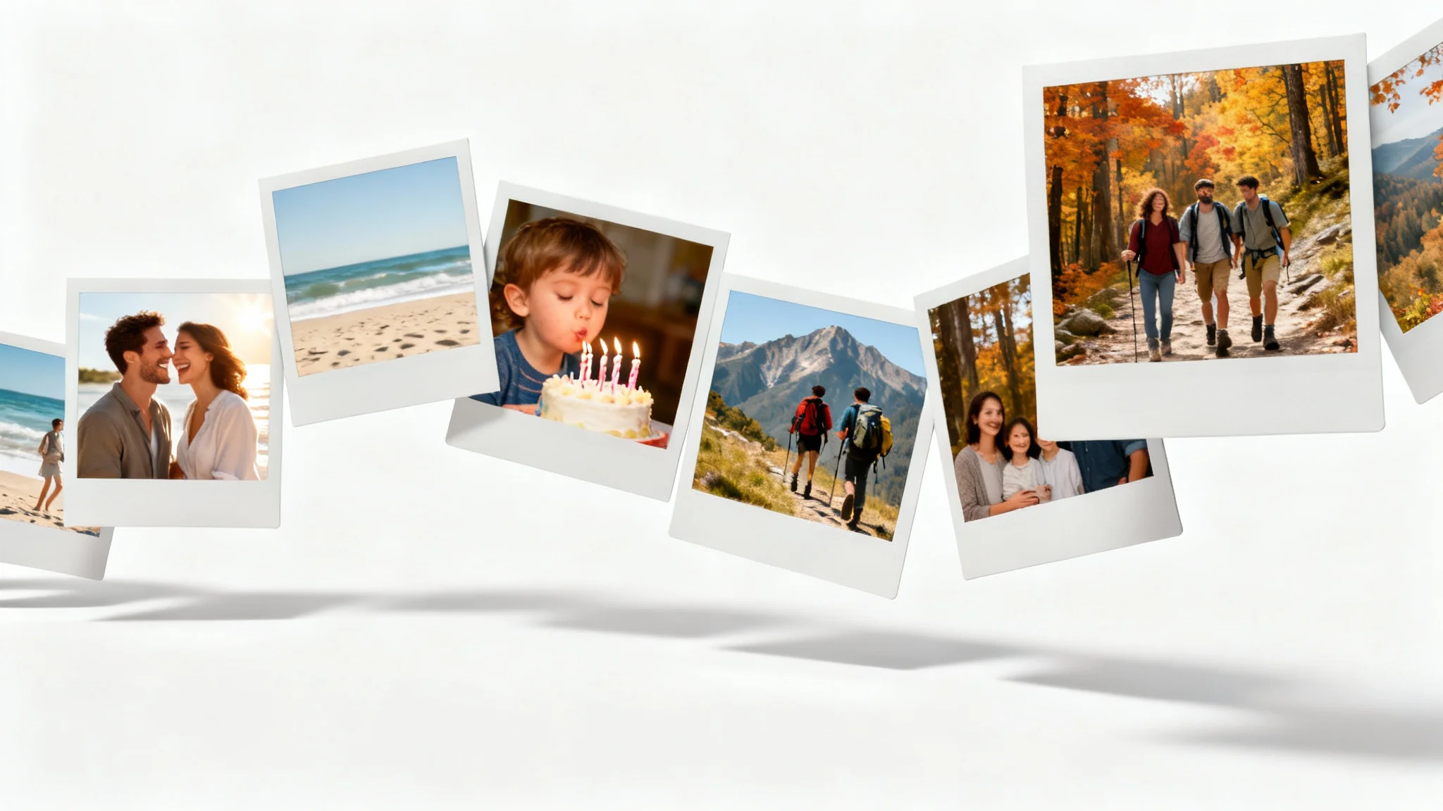 A series of instant film photos arranged in a curve against a white background, each showing a different happy life memory like a beach trip, a birthday, or a family portrait, representing the creation of a slideshow.