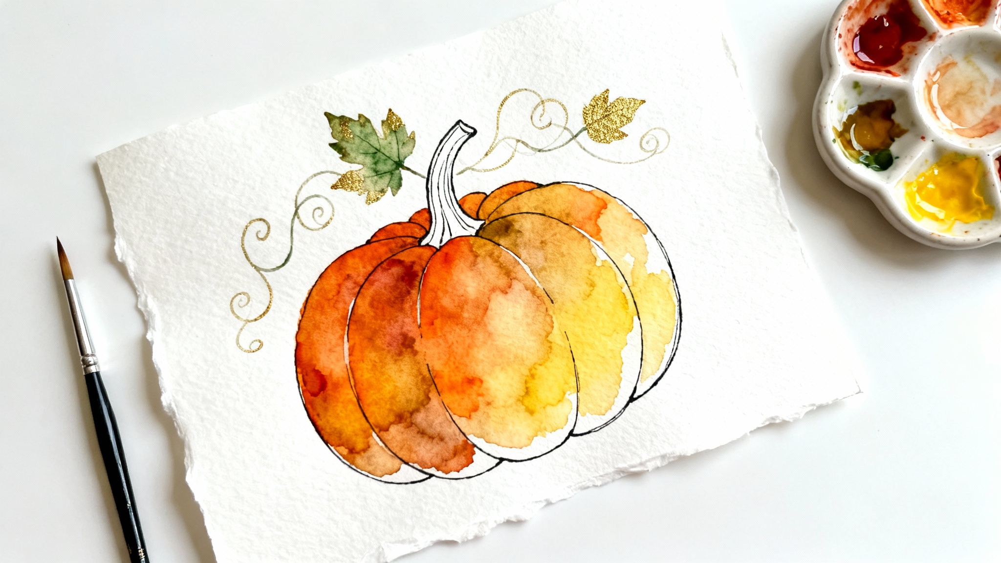 A top-down photograph of a beautiful watercolor painting of a pumpkin. The painting started as simple line art and is now filled with vibrant oranges and greens. A paintbrush and a small paint palette sit next to the finished artwork on a clean white surface.