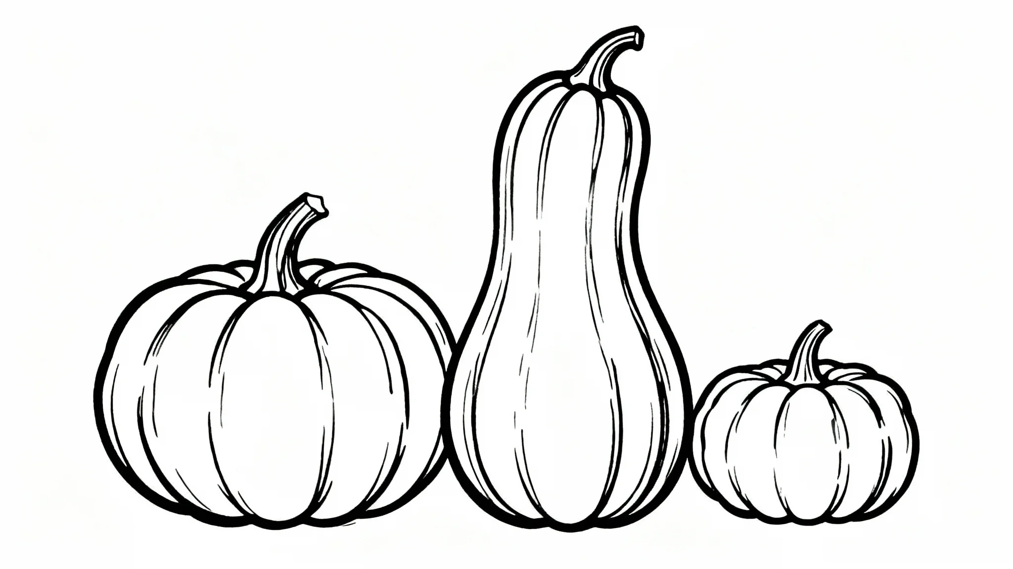 A black and white line art drawing of three different pumpkins on a plain white background, showcasing a clean, minimalist, and artistic style.