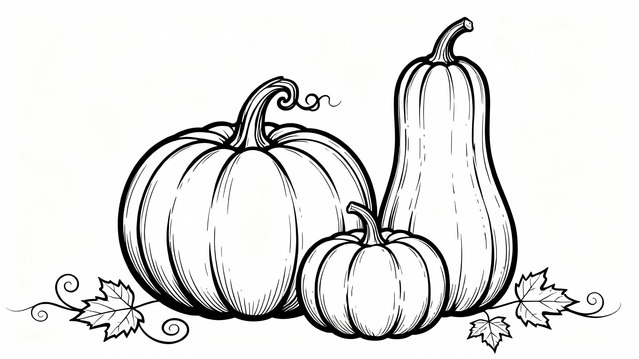 A minimalist black and white line art drawing of three different pumpkins, accompanied by delicate leaves and vines, set against a plain white background.