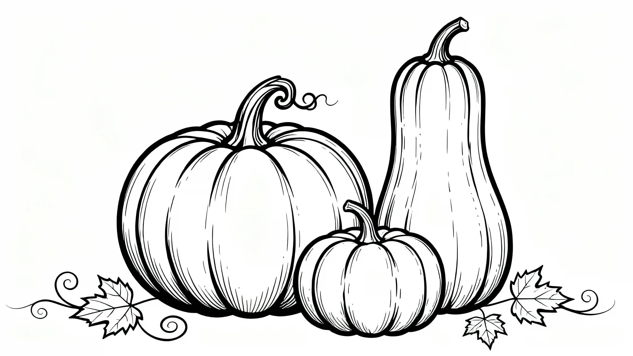 A minimalist black and white line art drawing of three different pumpkins, accompanied by delicate leaves and vines, set against a plain white background.