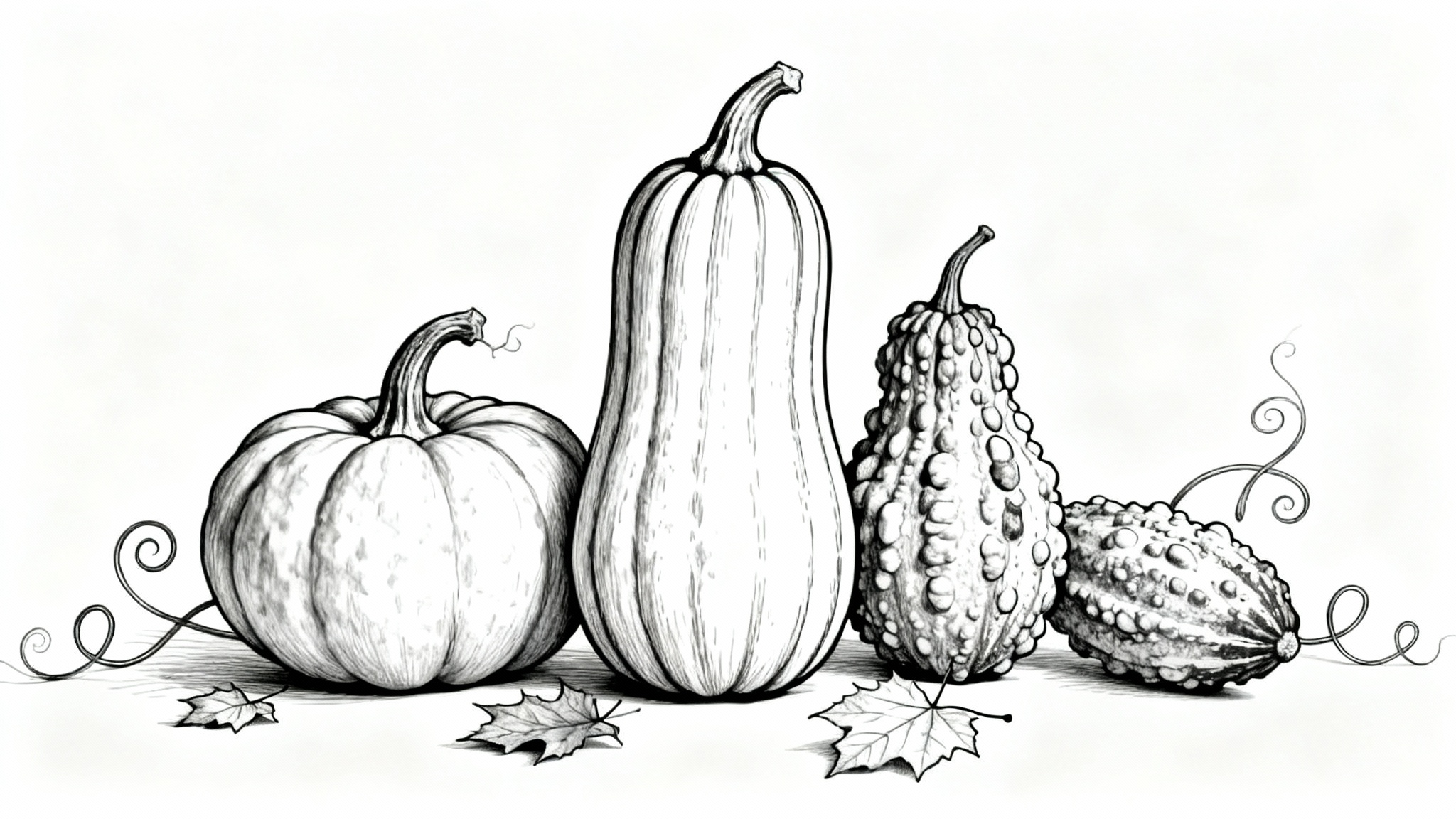 A minimalist black and white line art illustration featuring a variety of pumpkins, gourds, and autumn leaves on a clean white background.