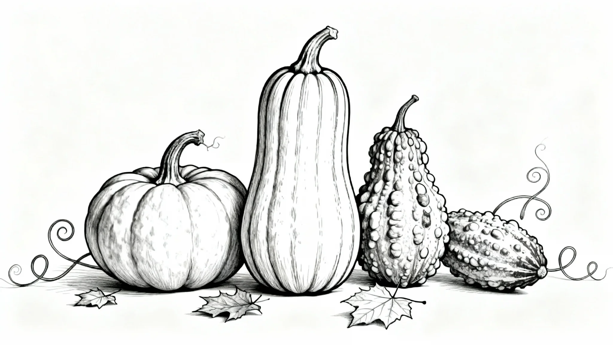 A minimalist black and white line art illustration featuring a variety of pumpkins, gourds, and autumn leaves on a clean white background.