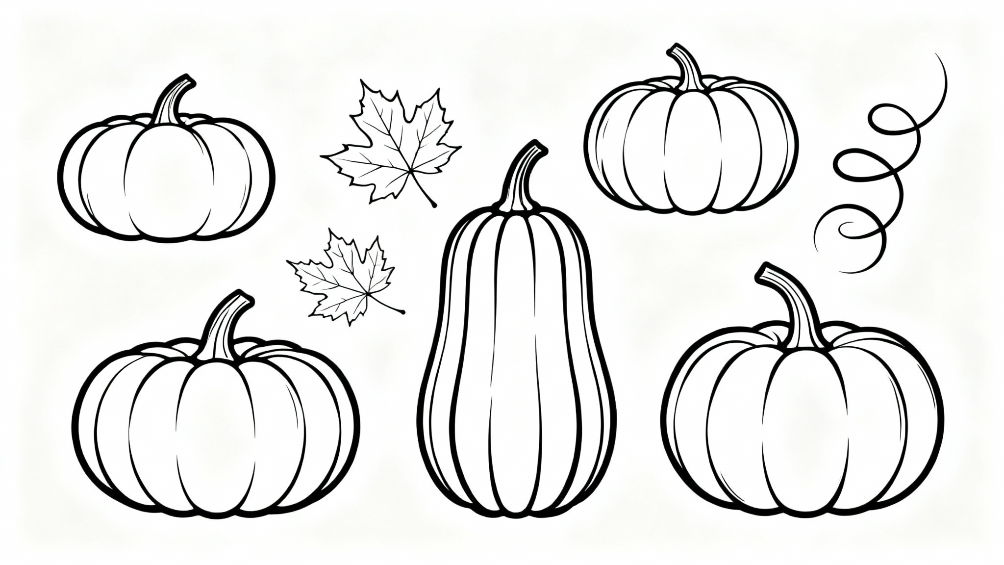 A collection of minimalist black line art illustrations of various pumpkins and autumn leaves, arranged neatly on a solid white background.