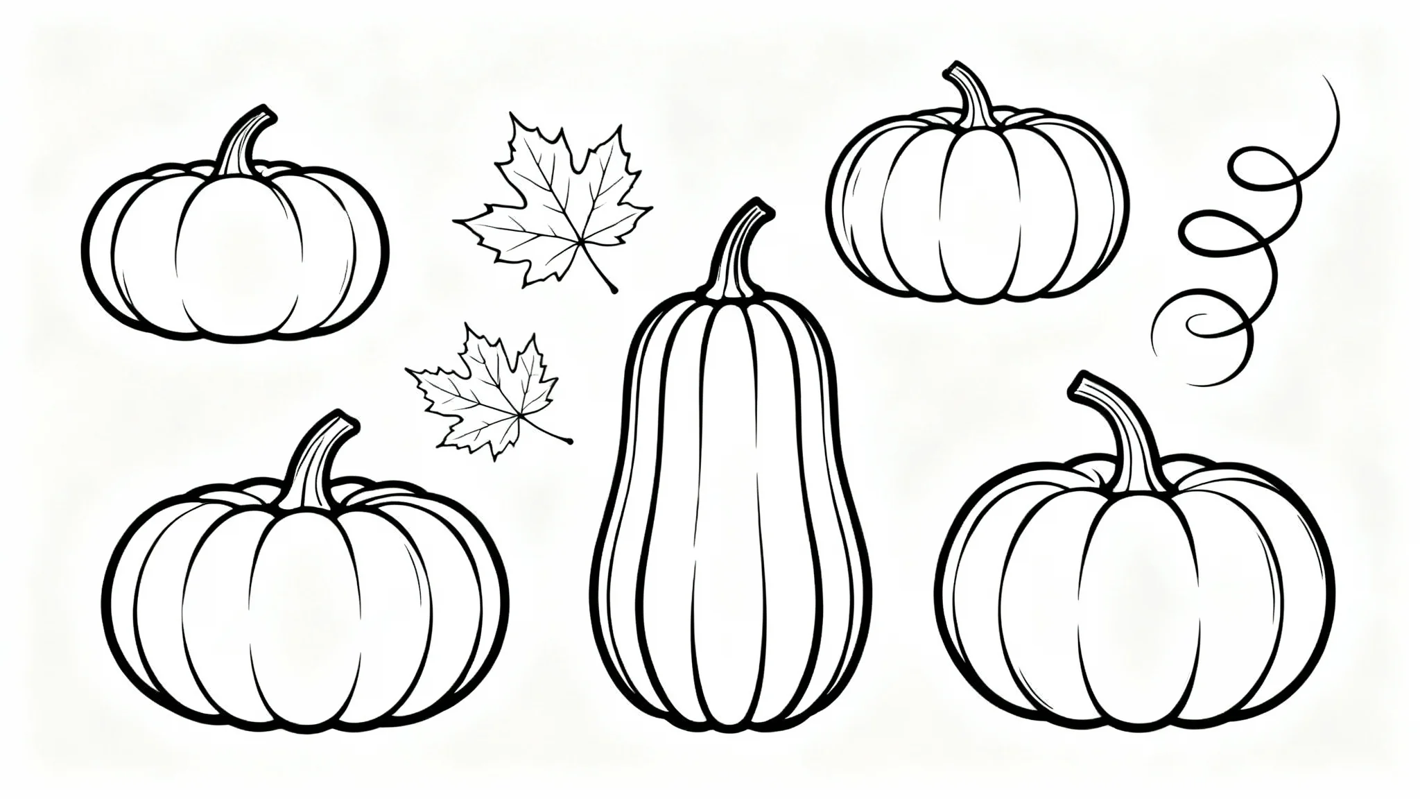 A collection of minimalist black line art illustrations of various pumpkins and autumn leaves, arranged neatly on a solid white background.