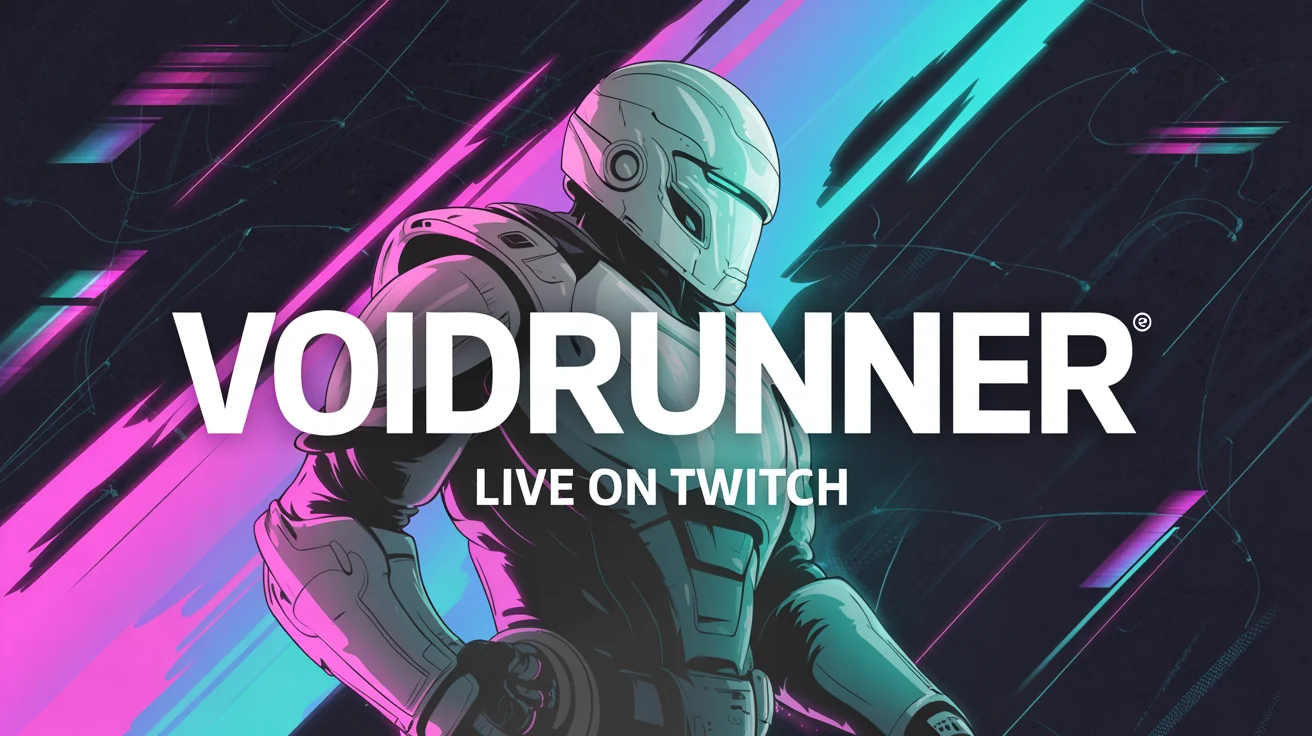 A professionally designed gaming banner with a futuristic theme. A sci-fi character in glowing armor is in the center, set against a dark background with neon blue and pink lights. The name 'VOIDRUNNER' is written in large, stylized text, with 'LIVE ON TWITCH' written underneath.