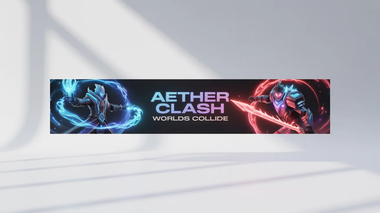 A professional mockup of a vibrant, futuristic gaming banner for an esports tournament called 'AETHER CLASH', displayed on a white background.