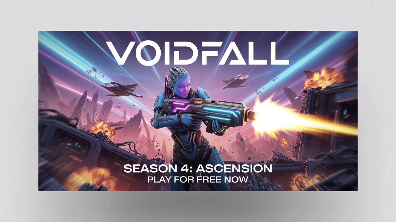 A mockup of a dynamic sci-fi gaming banner for a fictional game called 'Voidfall', featuring a female cyborg warrior against a futuristic city backdrop. The banner is displayed on a white background.
