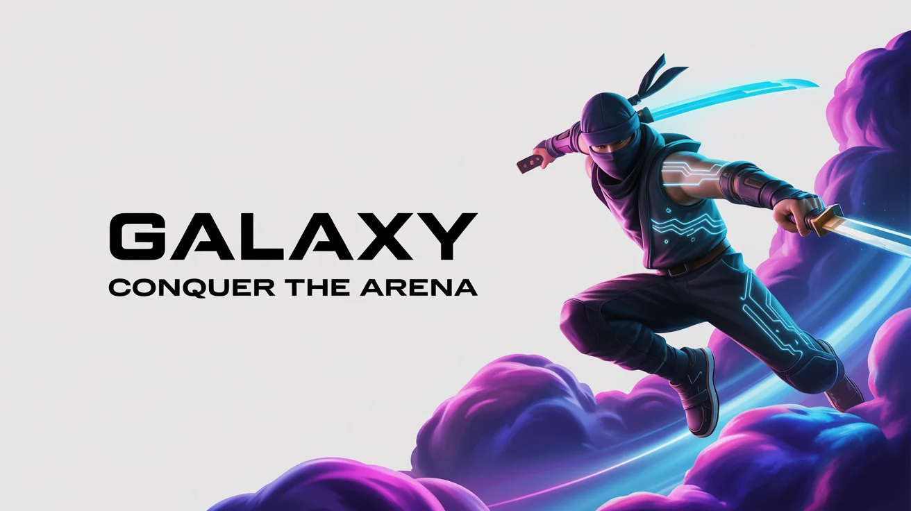 A mockup of a futuristic gaming banner on a white background. It features a sci-fi ninja with a glowing sword and the text 'GALAXY' and 'CONQUER THE ARENA'.