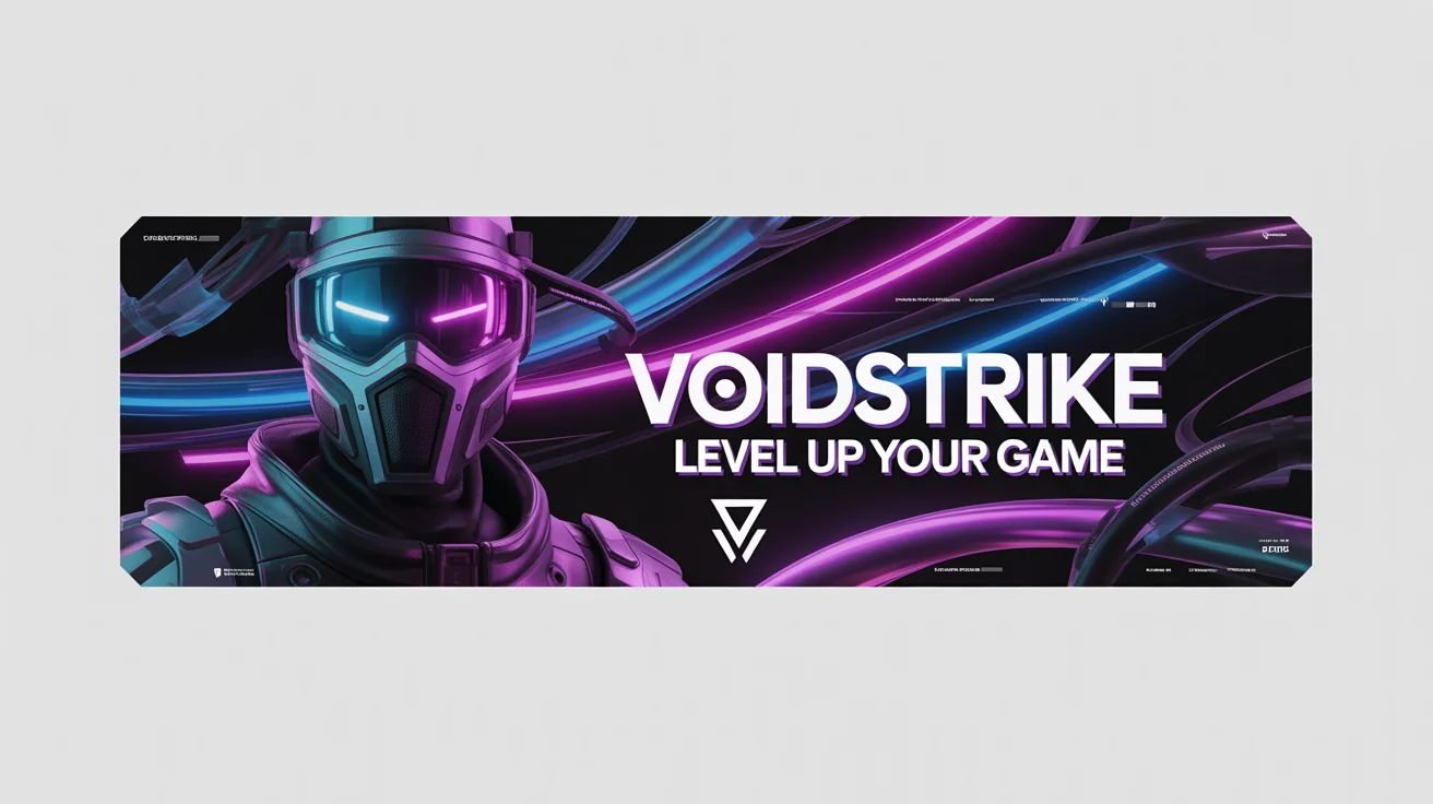 A mockup of a futuristic gaming banner on a white background. The banner has a cyberpunk theme with a masked character, neon lights, and text that reads 'VOIDSTRIKE' and 'LEVEL UP YOUR GAME'.