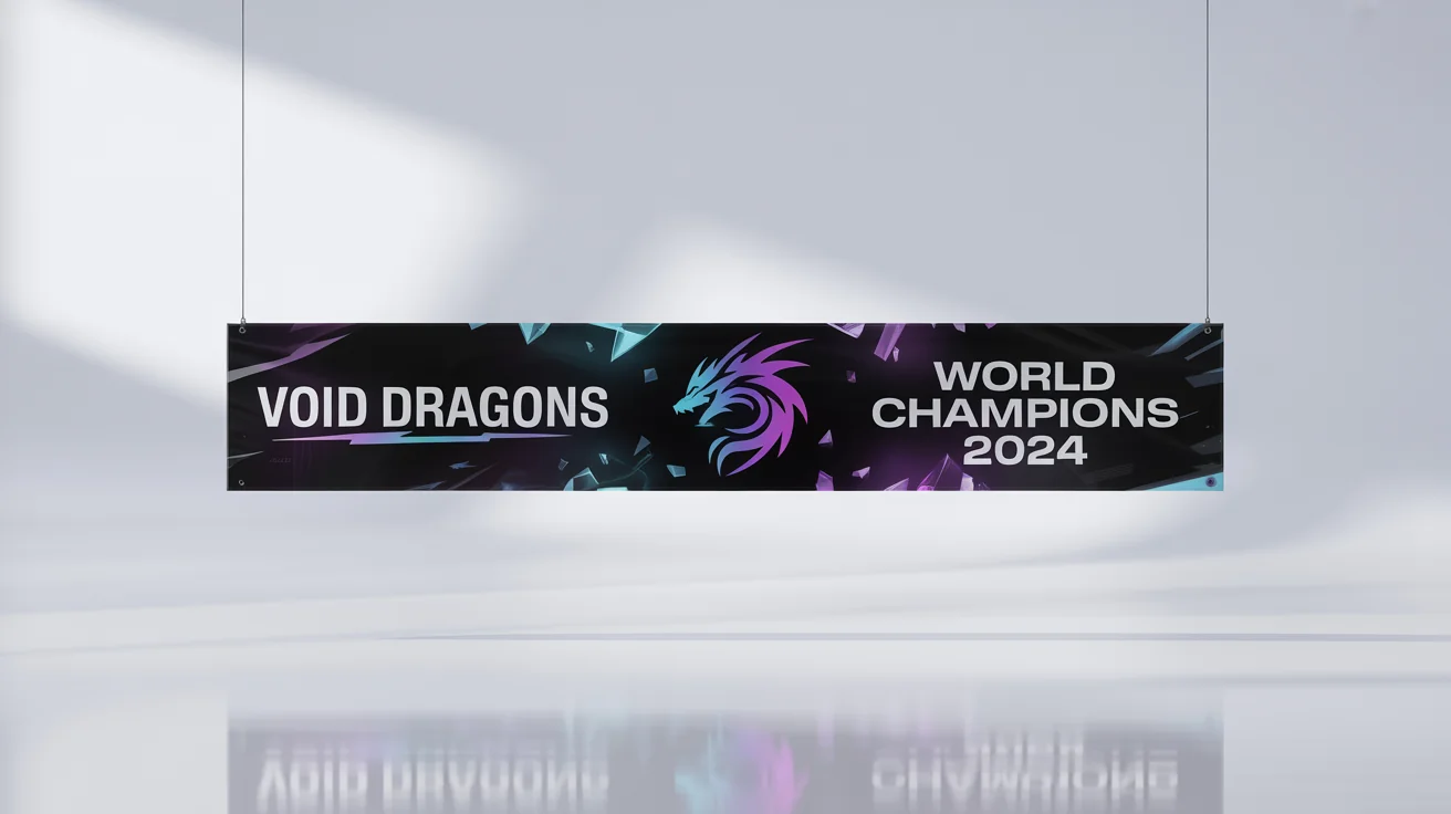 A mockup of a professional gaming banner for the esports team 'VOID DRAGONS', featuring a neon dragon logo and futuristic text. The banner is displayed on a clean white background.