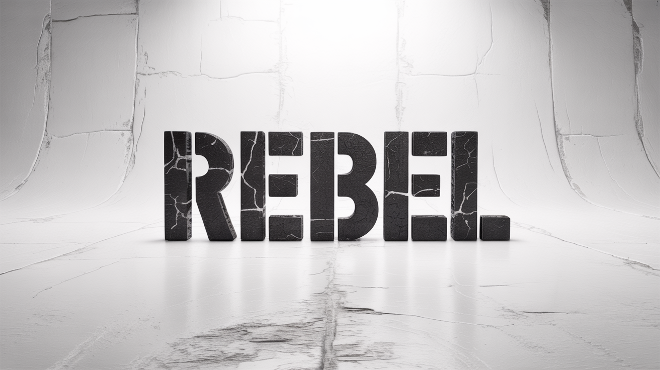 A typographic mockup demonstrating a distressed text effect, featuring the word 'REBEL' in a large, bold, black font with a cracked and weathered texture, set against a solid white background.