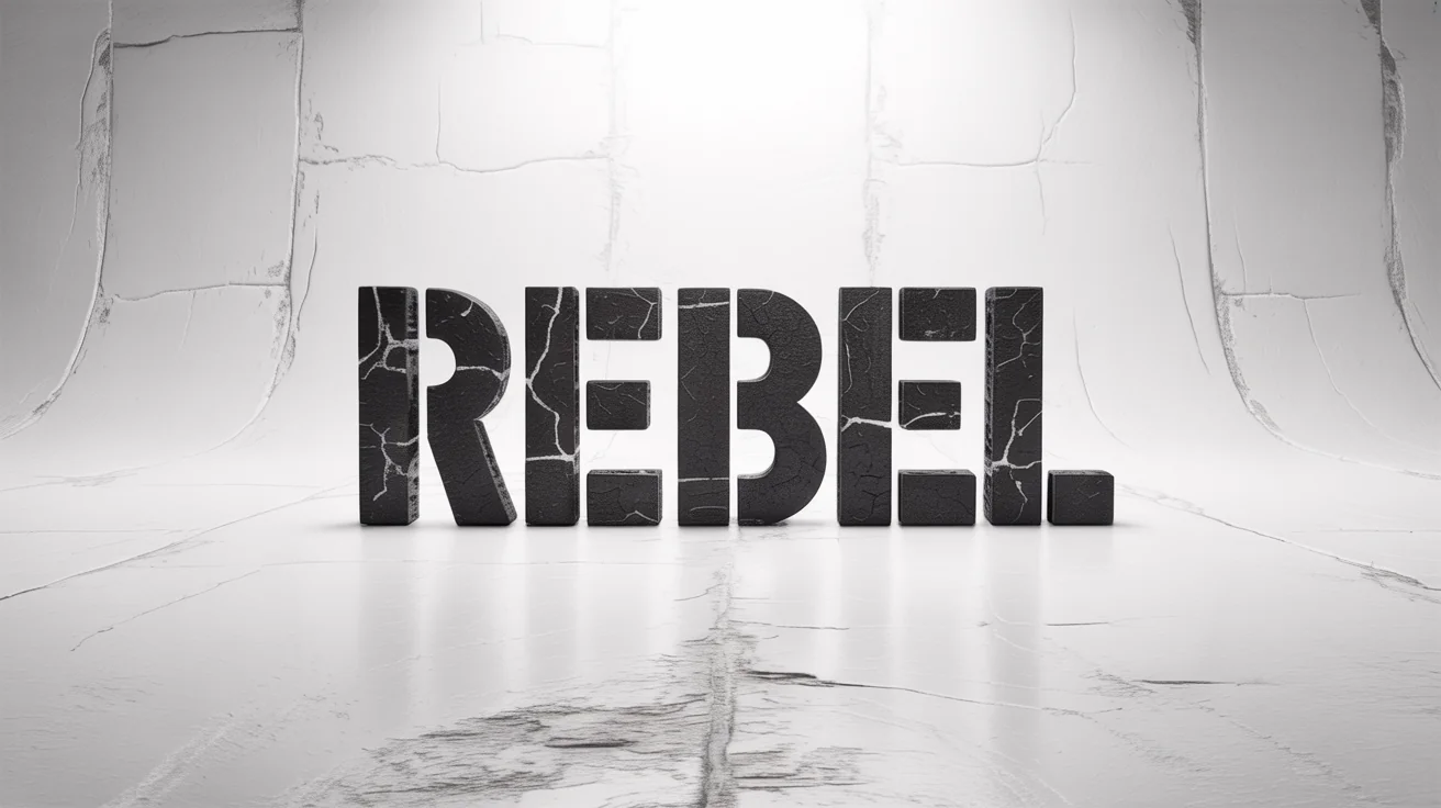 A typographic mockup demonstrating a distressed text effect, featuring the word 'REBEL' in a large, bold, black font with a cracked and weathered texture, set against a solid white background.