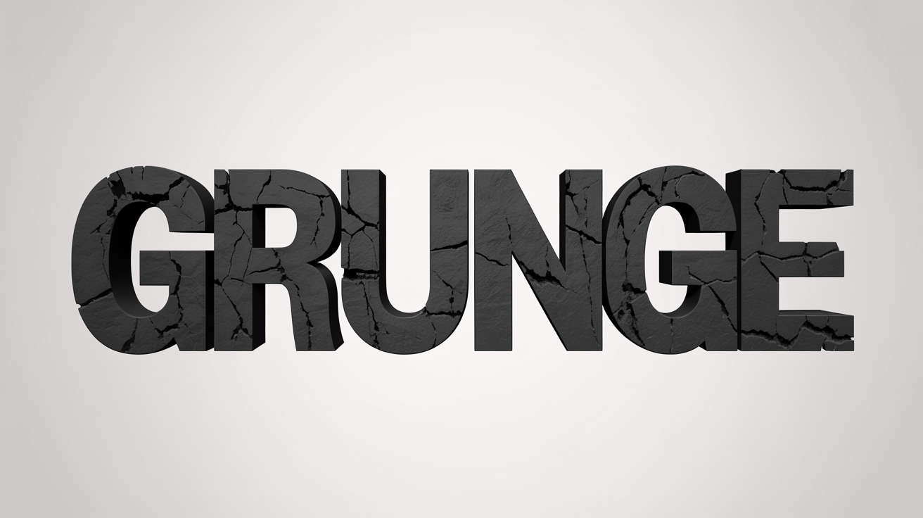 A close-up shot of the word 'GRUNGE' in a bold, black font with a heavily distressed, cracked, and weathered texture, set against a clean white background.