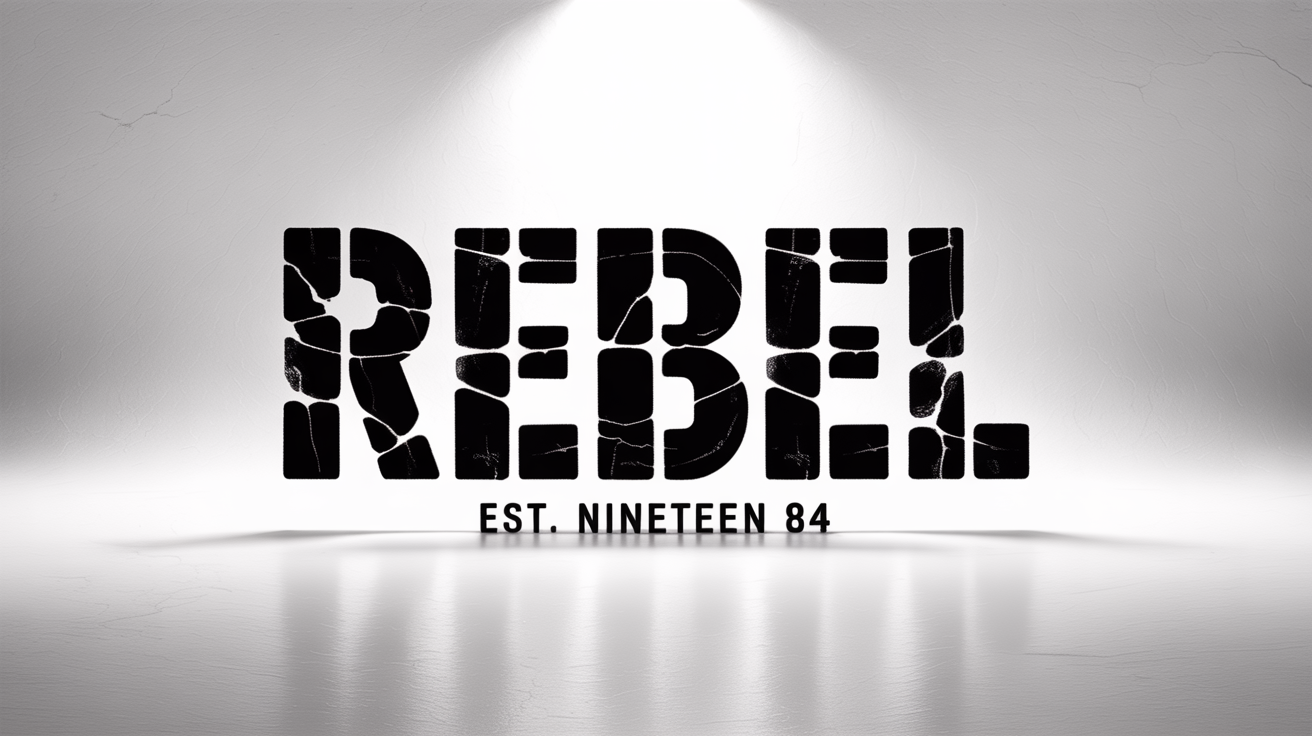 A typography mockup featuring the word 'REBEL' in a bold, black, heavily distressed font, with 'EST. NINETEEN 84' underneath. The text has a cracked and weathered grunge effect, set against a plain white background.