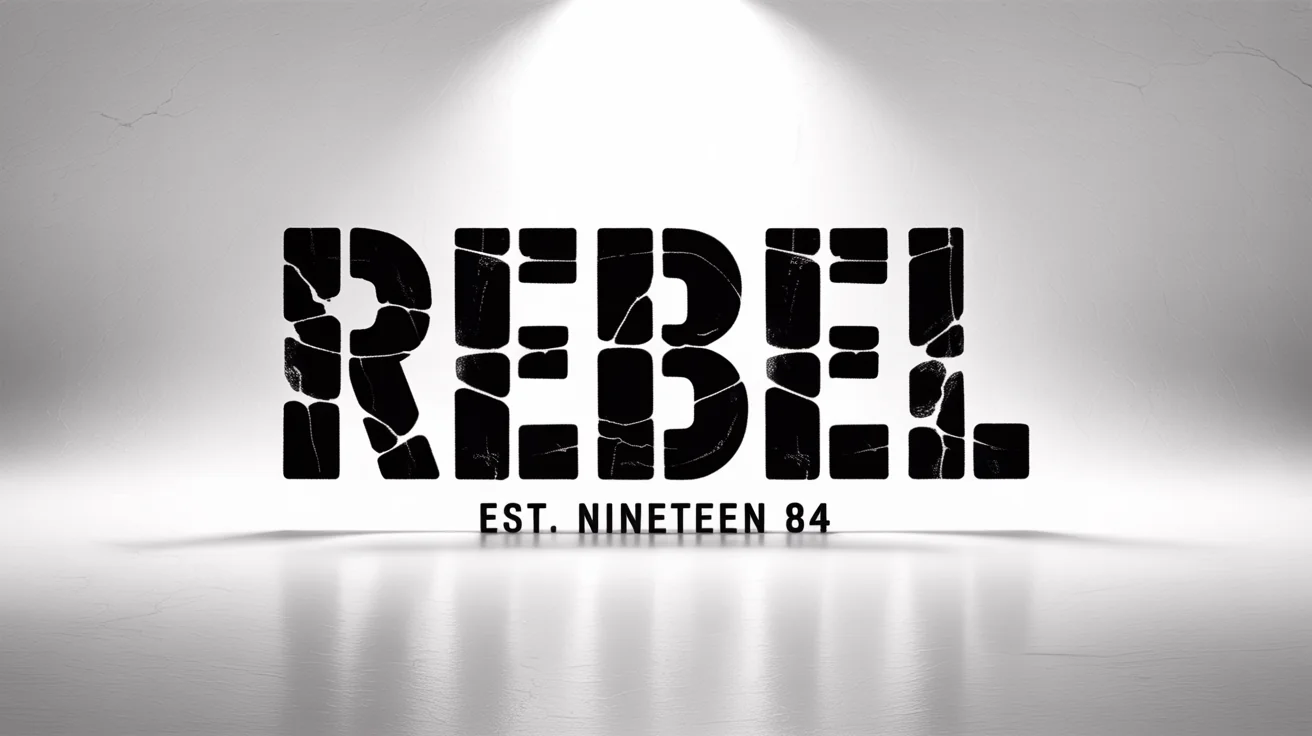 A typography mockup featuring the word 'REBEL' in a bold, black, heavily distressed font, with 'EST. NINETEEN 84' underneath. The text has a cracked and weathered grunge effect, set against a plain white background.