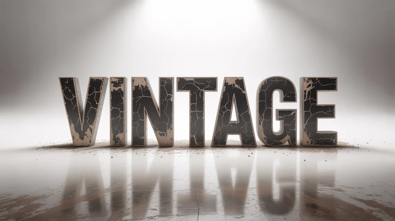 A photorealistic close-up of the word 'VINTAGE' with a heavily distressed, cracked, and weathered texture, isolated on a plain white background.