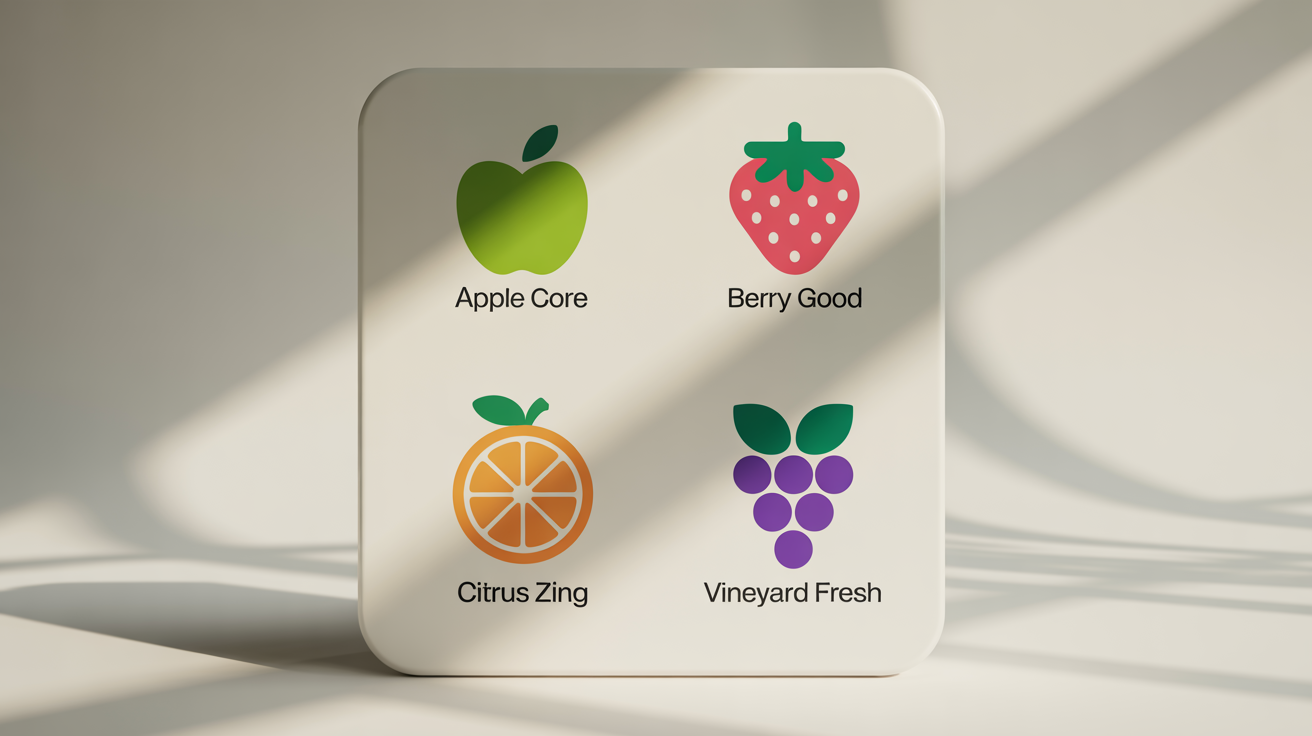 A grid of four professionally designed fruit logos on a white background. The logos include a green apple, a strawberry, an orange slice, and grapes, each with a fictional brand name.